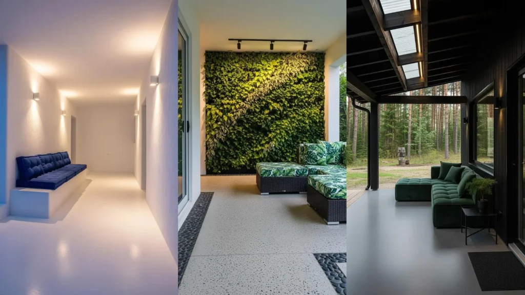 Tre portici moderni con pavimenti in cemento, divani modulari e luci integrate che creano linee pulite e design eleganti.