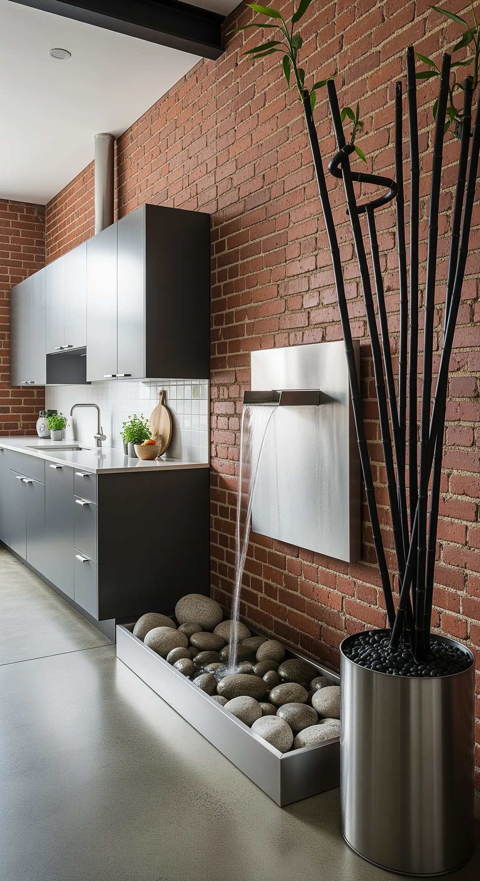Cucina moderna con parete in mattoni, cascata in acciaio e bambù nero.