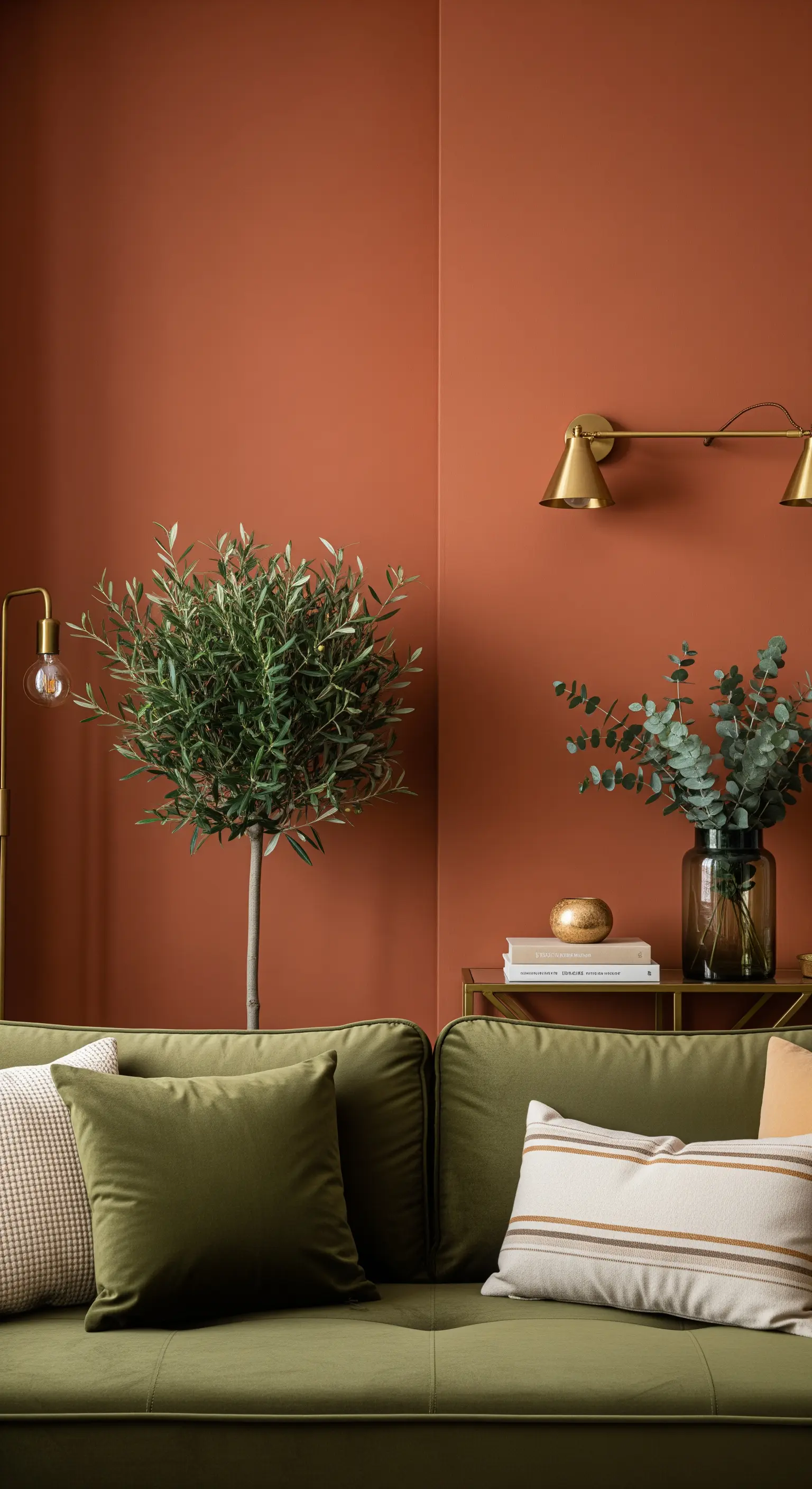 Divano in velluto verde oliva appoggiato a una parete color terracotta con lampade in ottone