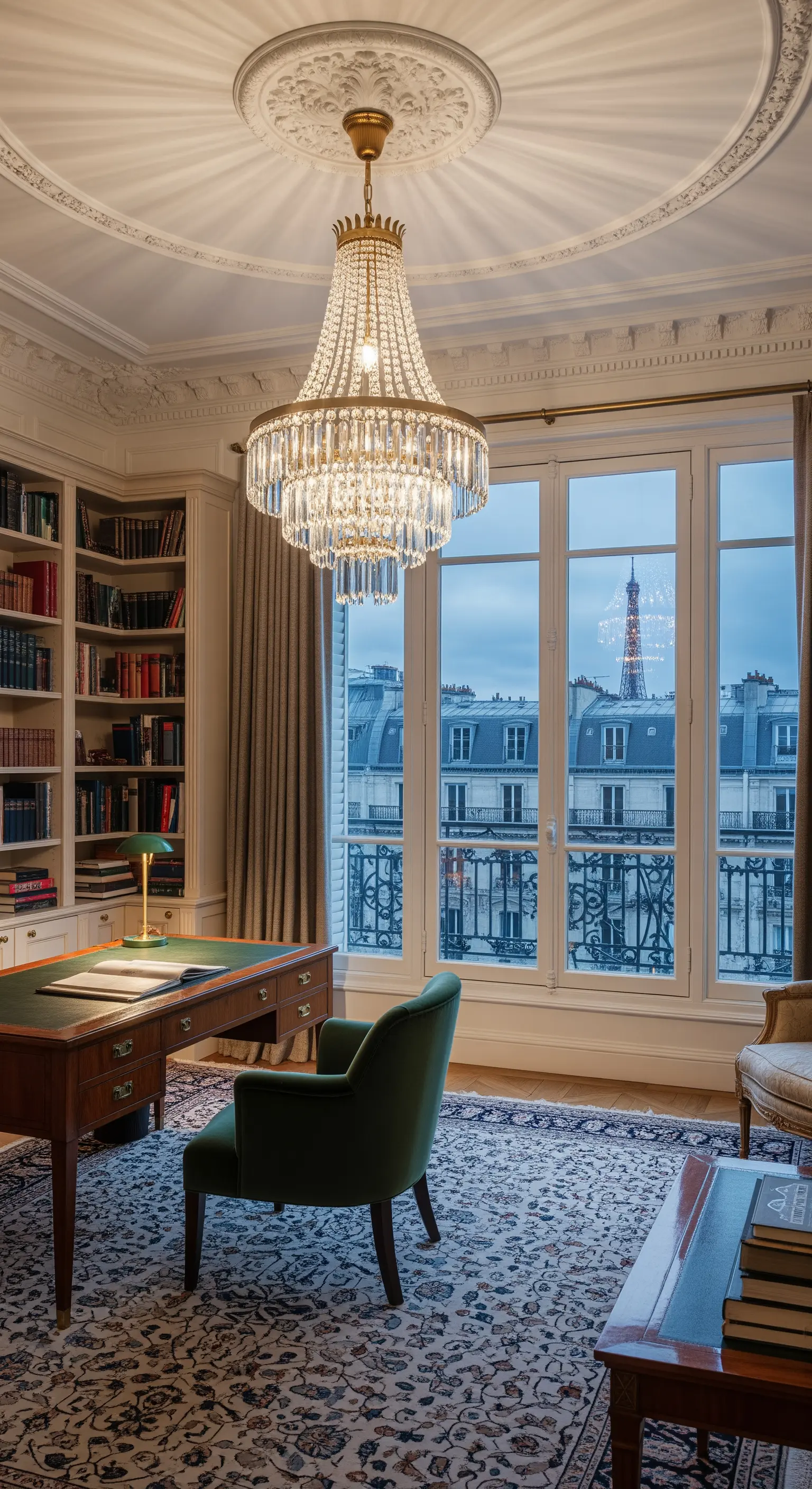 Studio parigino classico con lampadario in cristallo, boiserie e vista sulla Torre Eiffel.