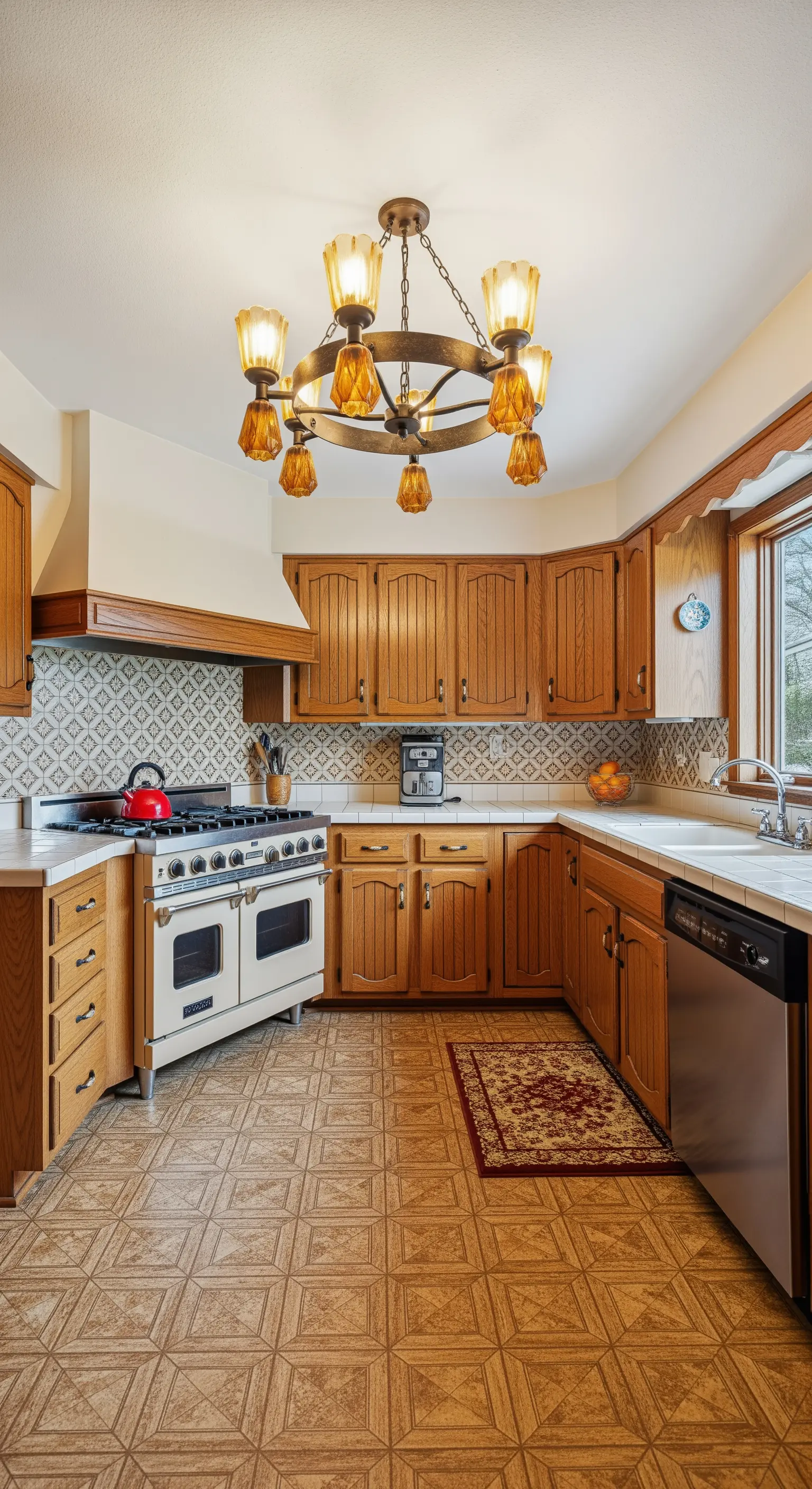 Cucina in legno di rovere con grande cucina professionale e lampadario in vetro ambrato.