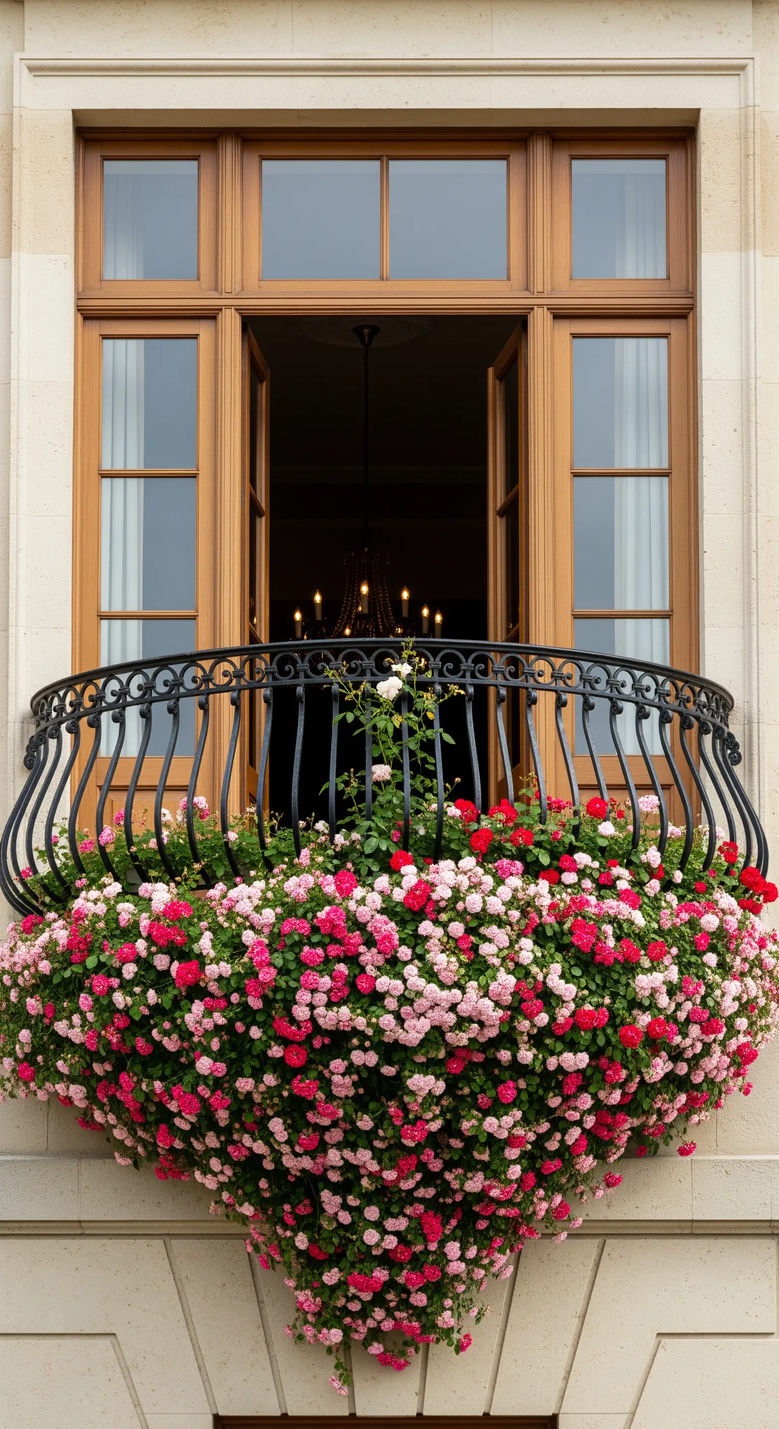 Balcone curvo in ferro battuto con un'abbondante fioritura di rose rosa e rosse.