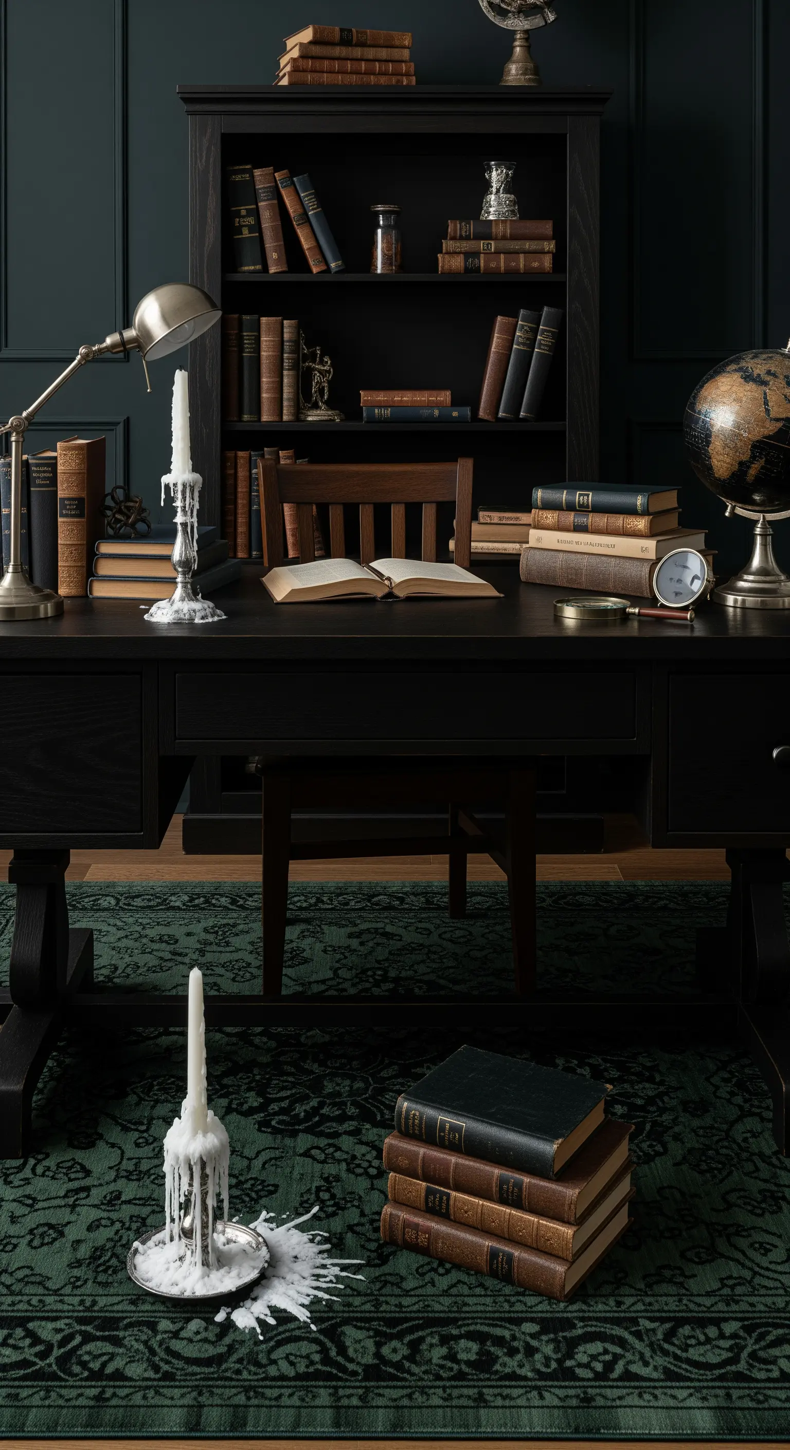 Studio scuro in stile accademico con scrivania e libreria nere, tappeto persiano verde scuro.