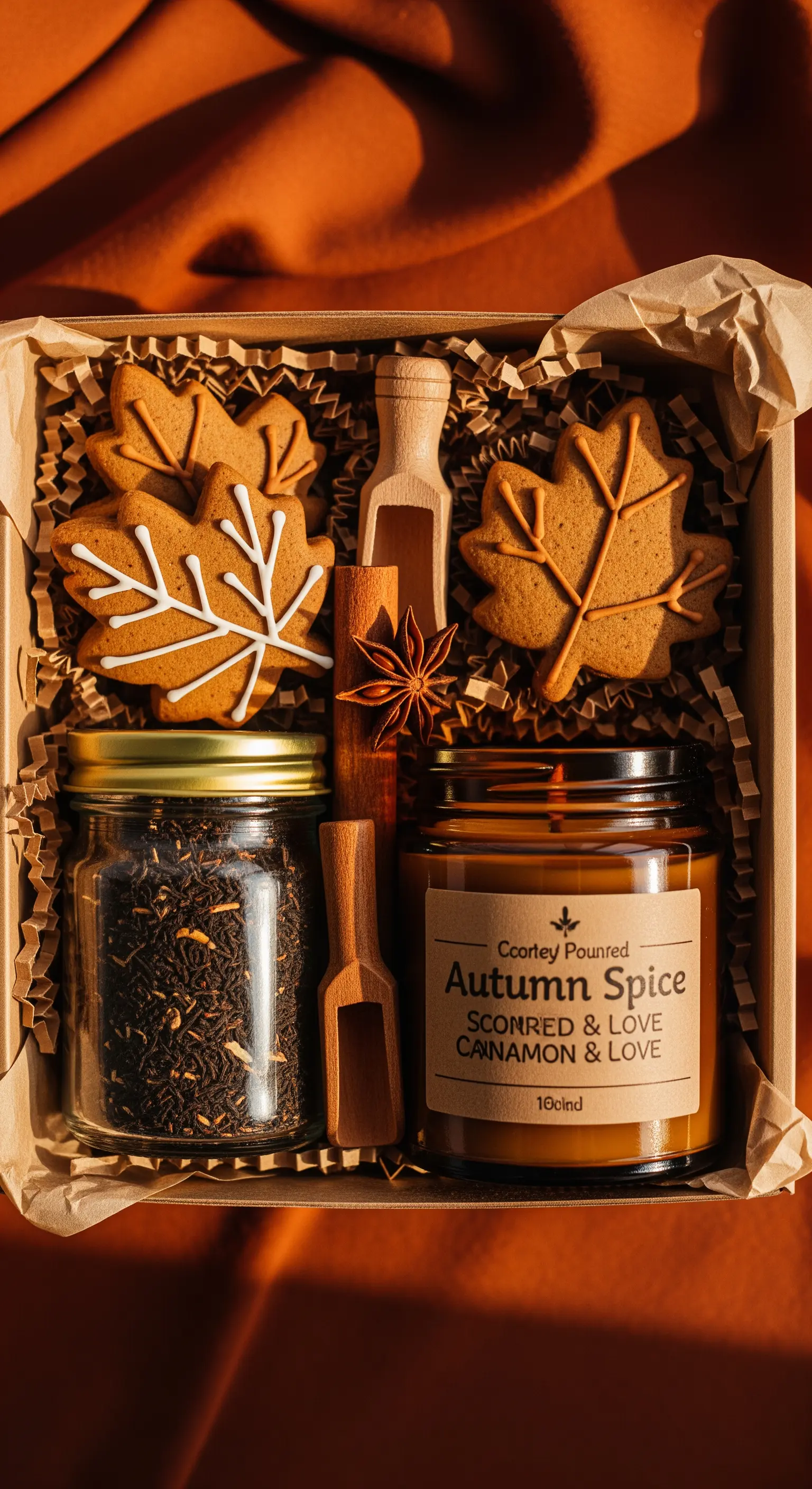 Gift box autunnale con biscotti a forma di foglia, tè speziato e candela.