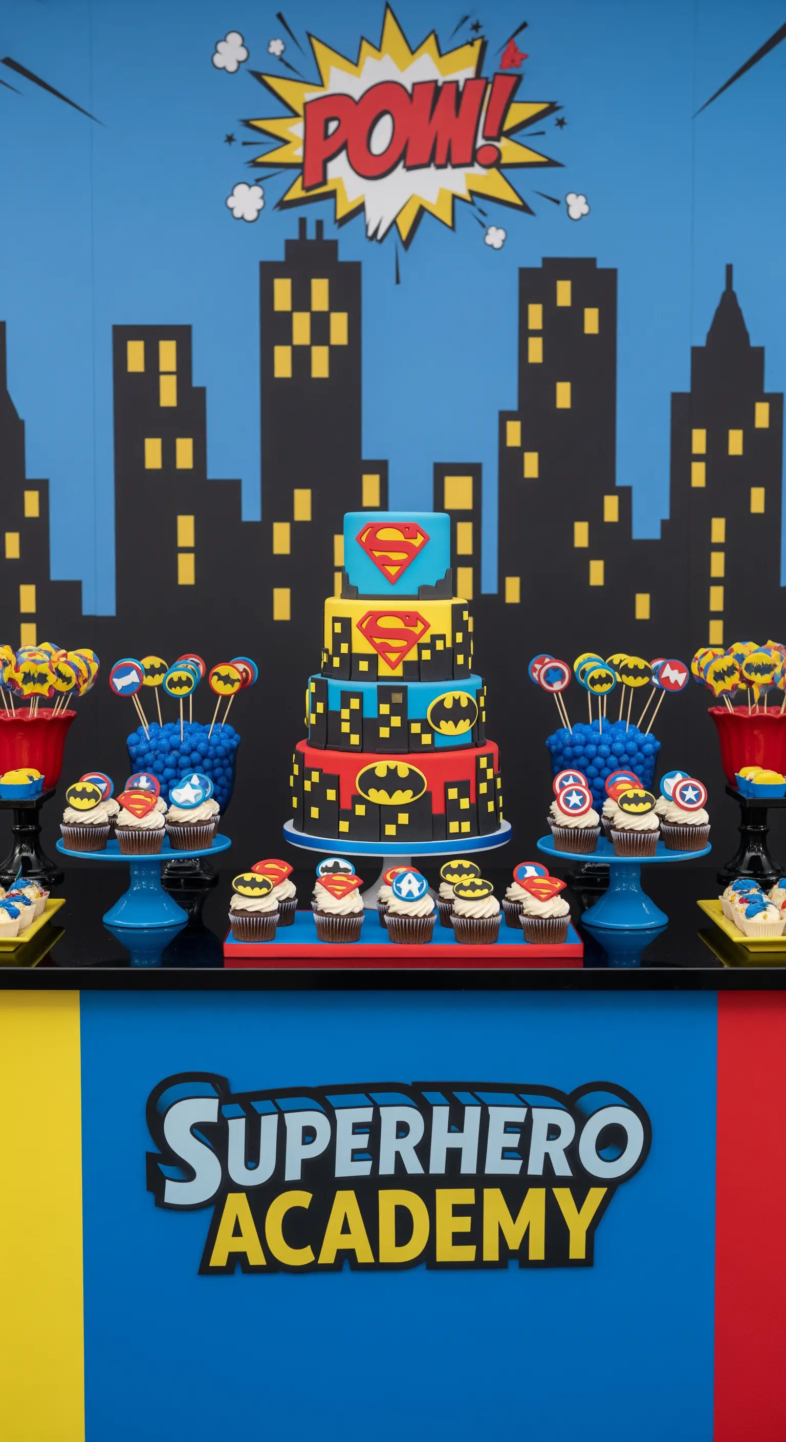 Sweet table a tema supereroi con torta, cupcake e sfondo con skyline di una città e fumetti