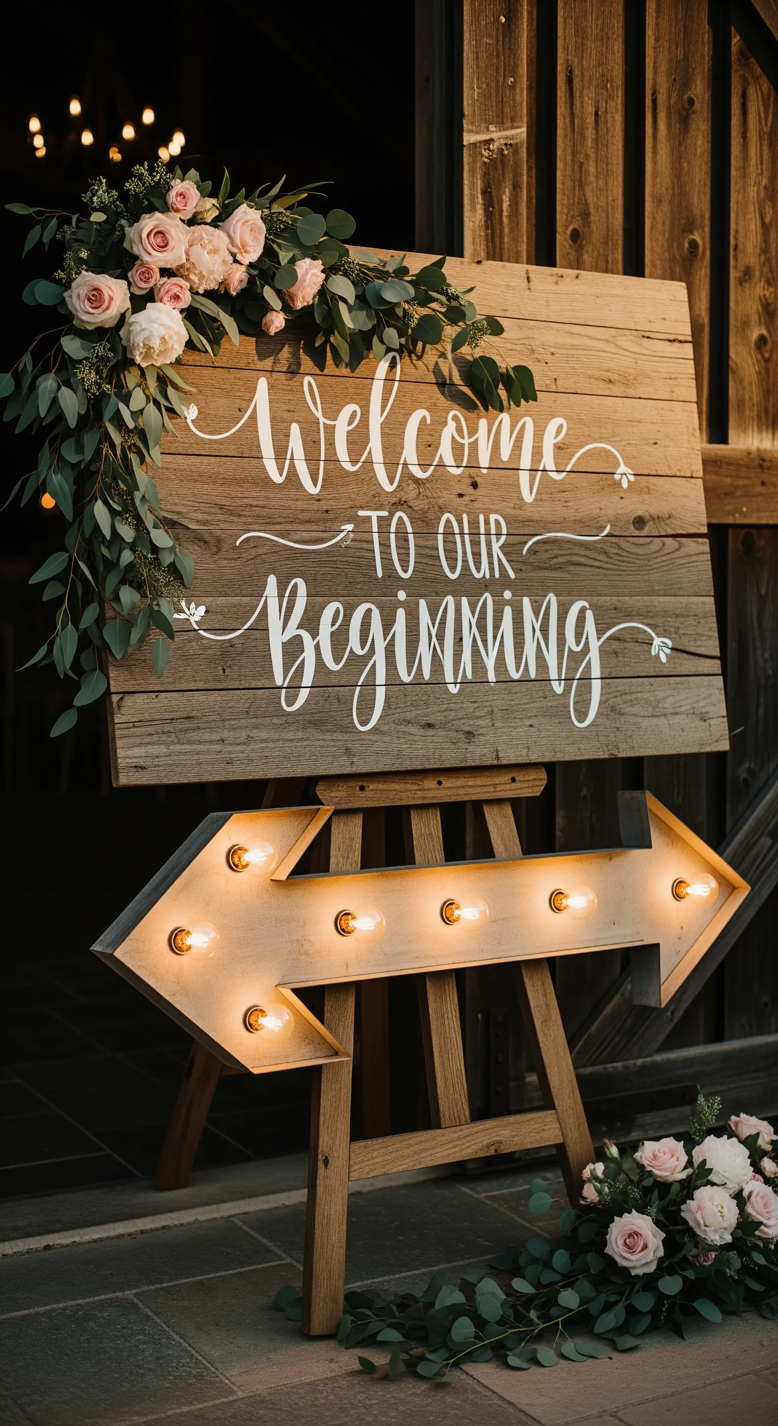 Cartello di benvenuto in legno con rose e freccia luminosa per matrimonio.