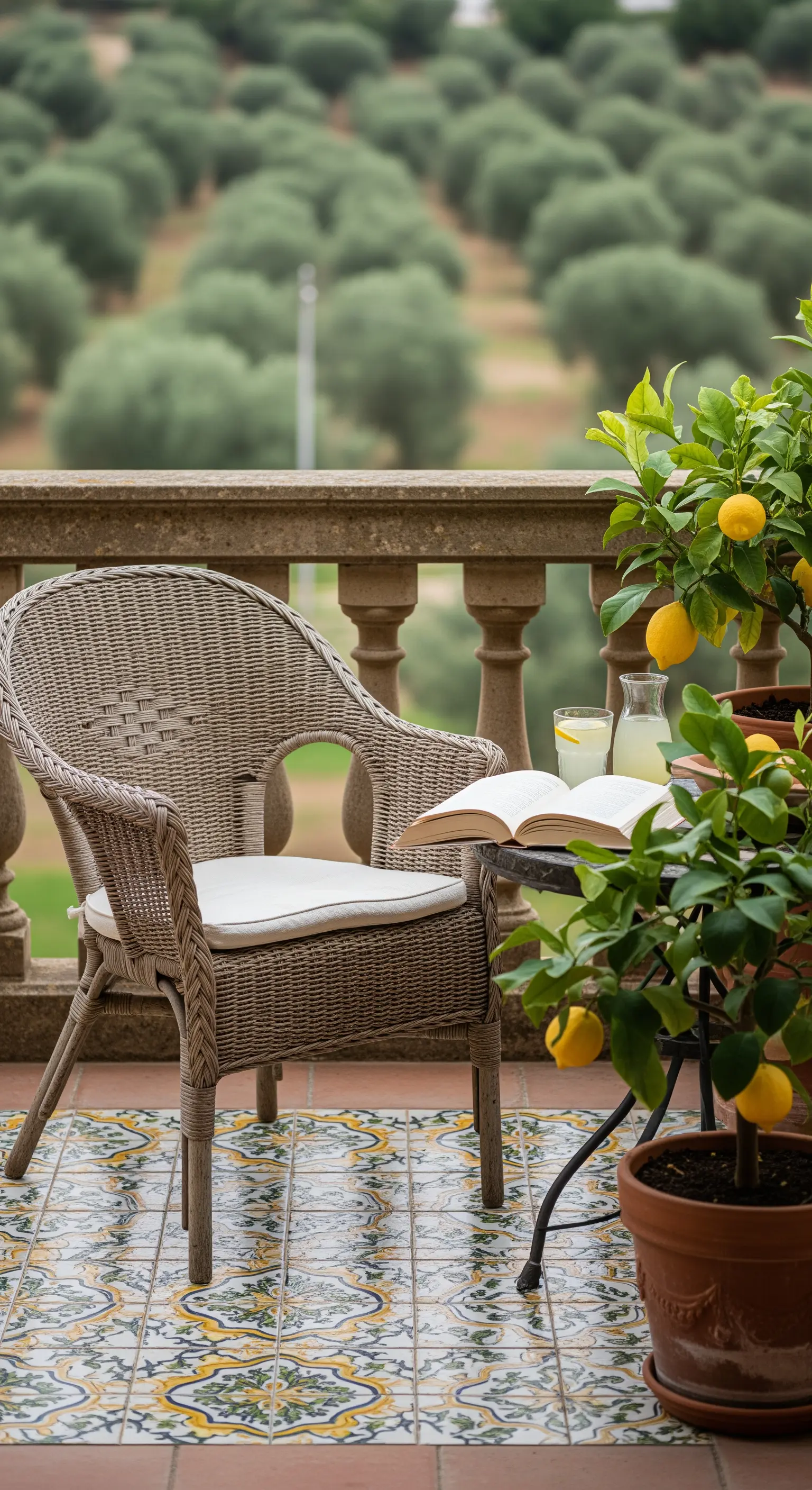 Poltrona in vimini su una terrazza con maioliche decorate, con vista su un uliveto