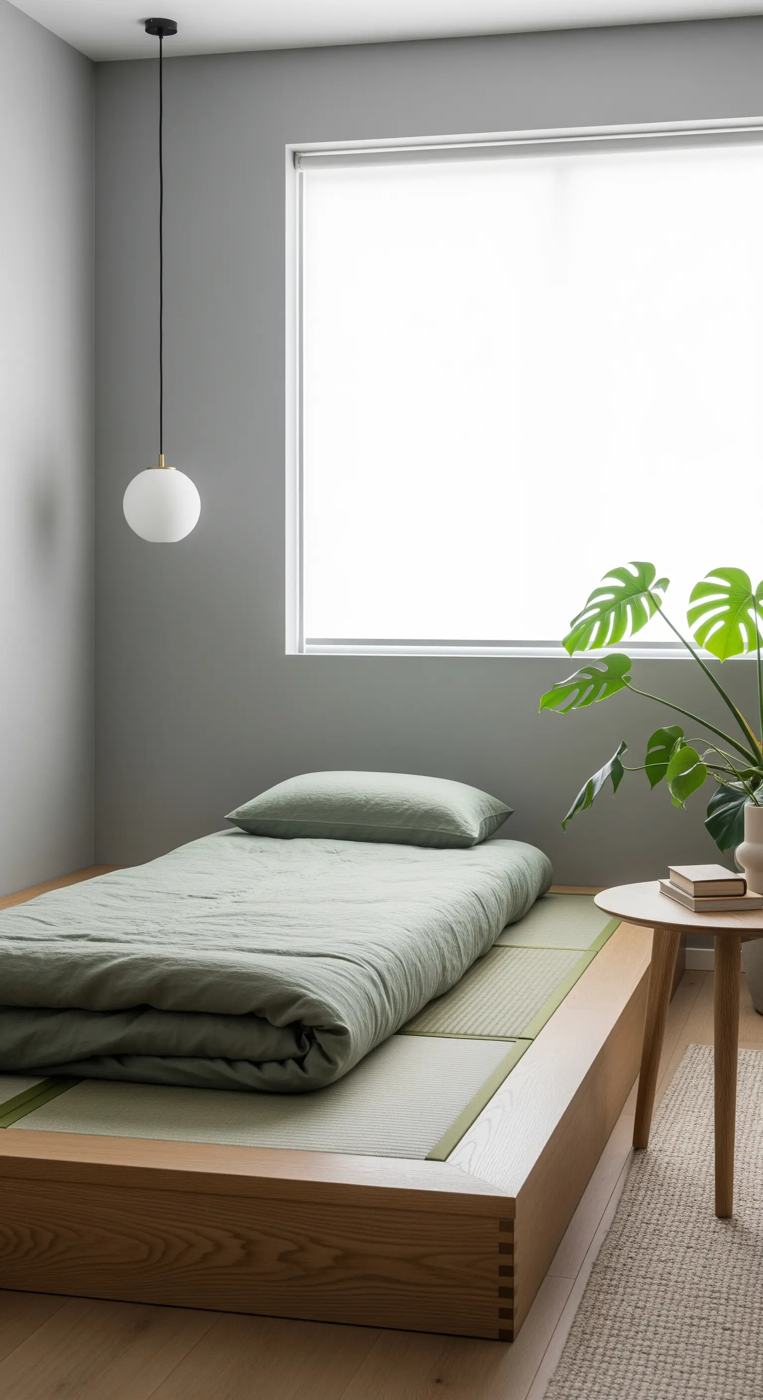 Camera minimalista grigia con futon verde salvia su una pedana in legno chiaro.