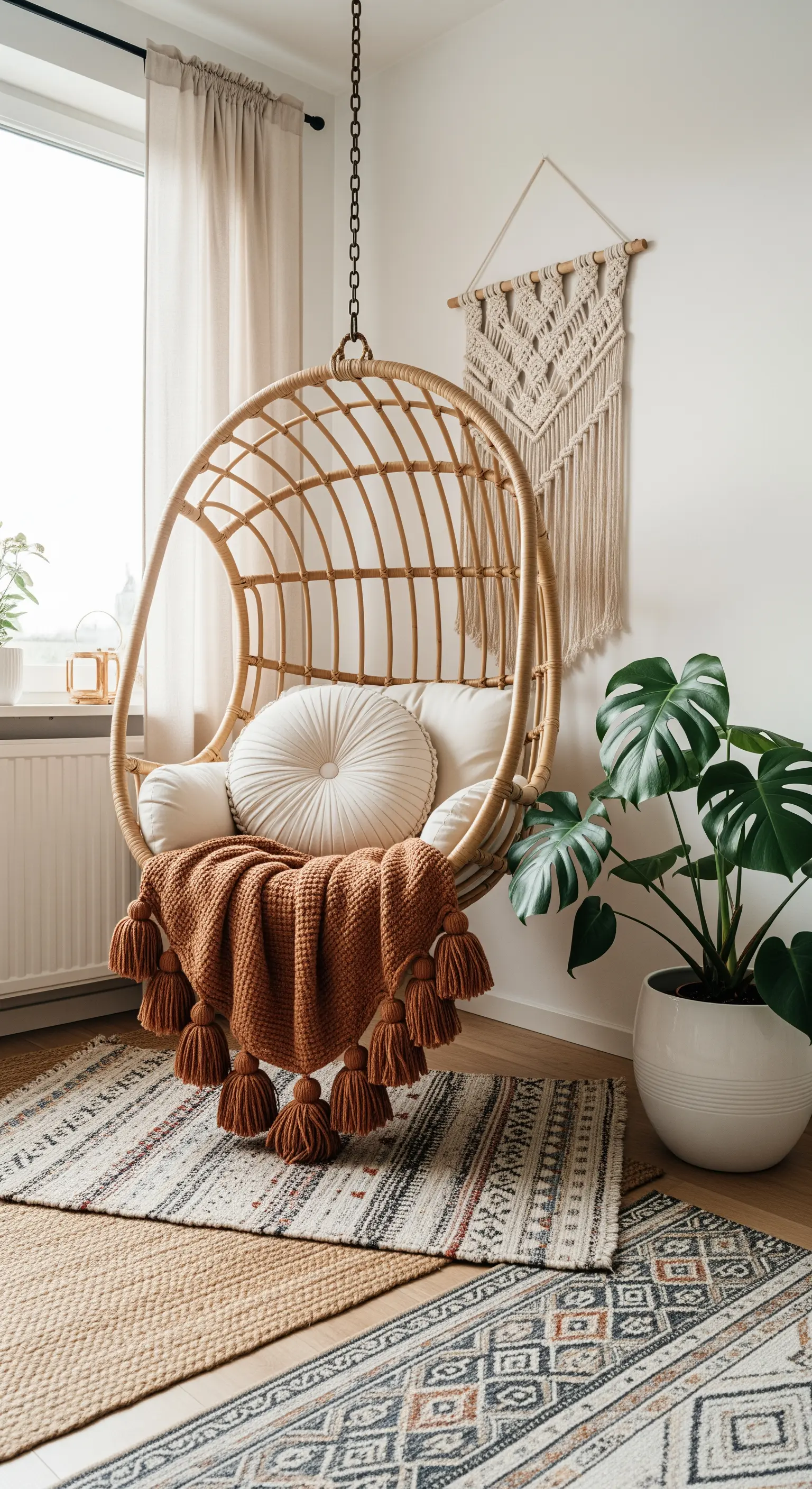 Poltrona sospesa in rattan con cuscini bianchi e coperta color terracotta, vicino a una pianta di Monstera.