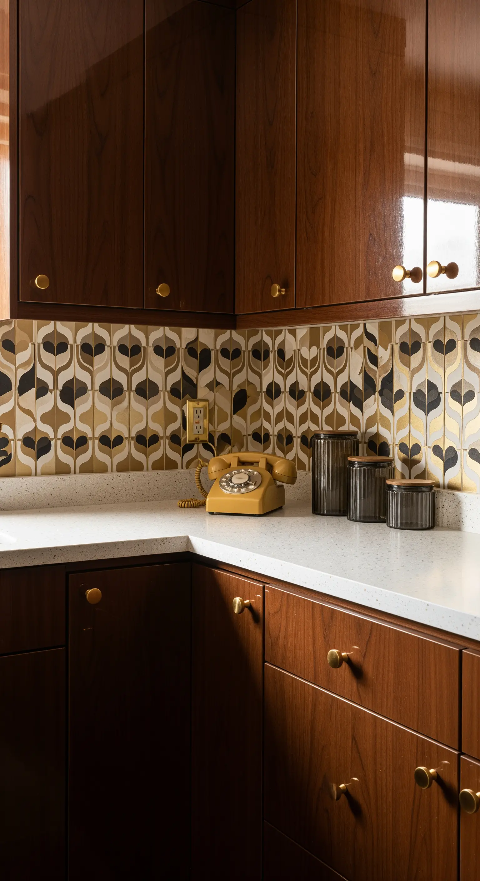 Angolo cucina con mobili in legno scuro, paraschizzi a motivi floreali e telefono vintage giallo.