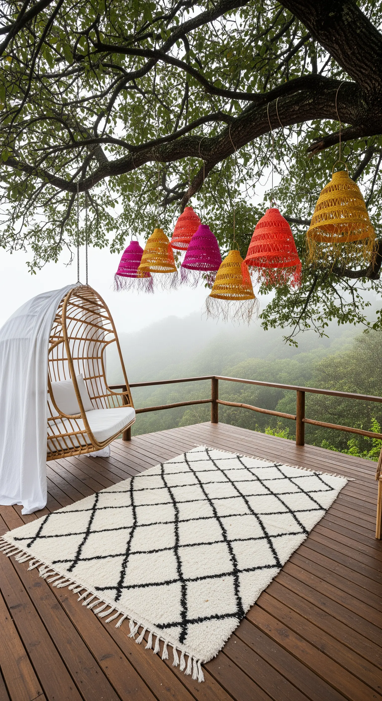 Terrazza in legno con sedia a dondolo sospesa e lampade in rafia dai colori vivaci appese a un albero