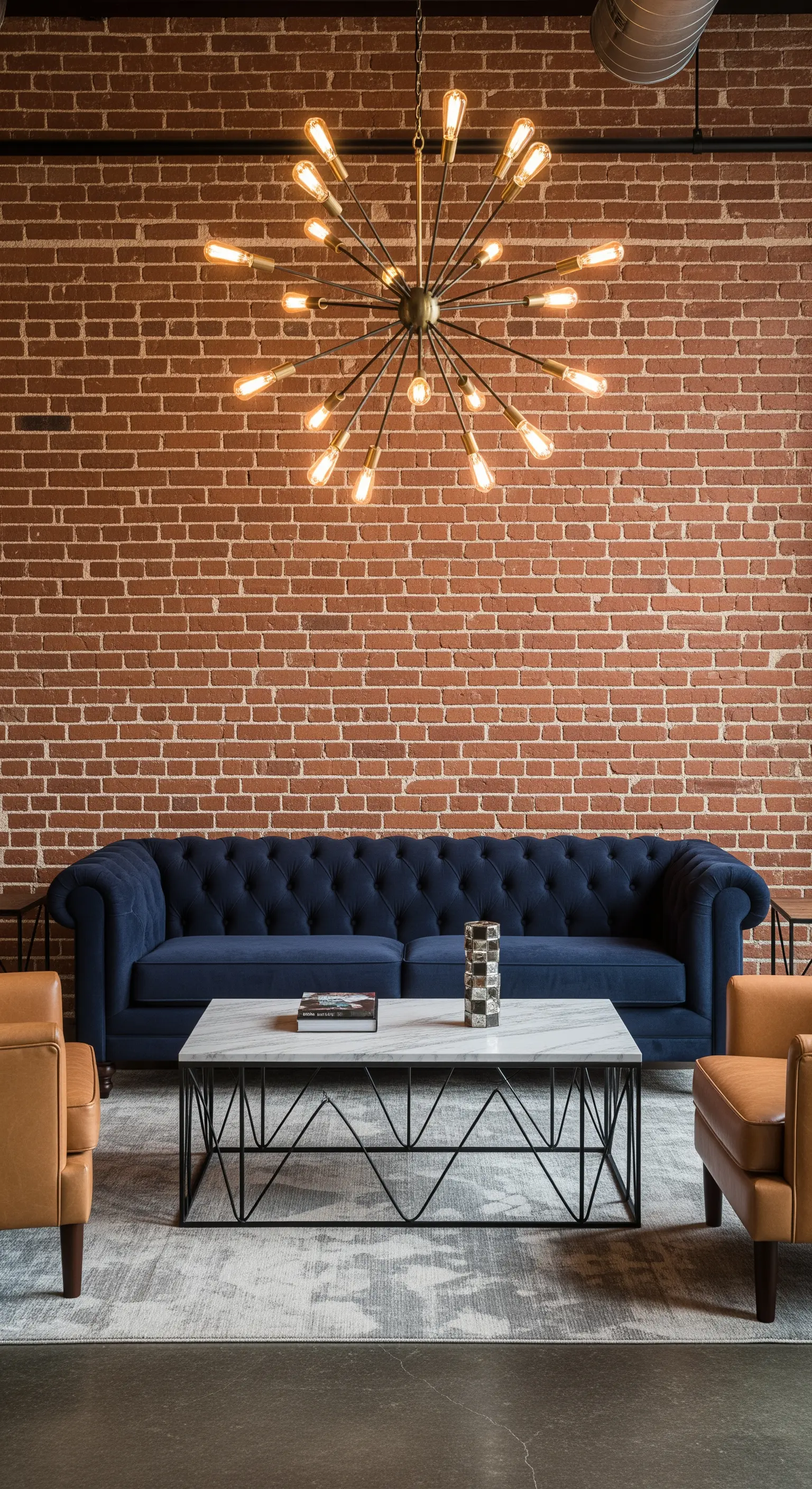 Lampadario dorato a raggiera appeso davanti a una parete in mattoni con un divano blu in velluto.