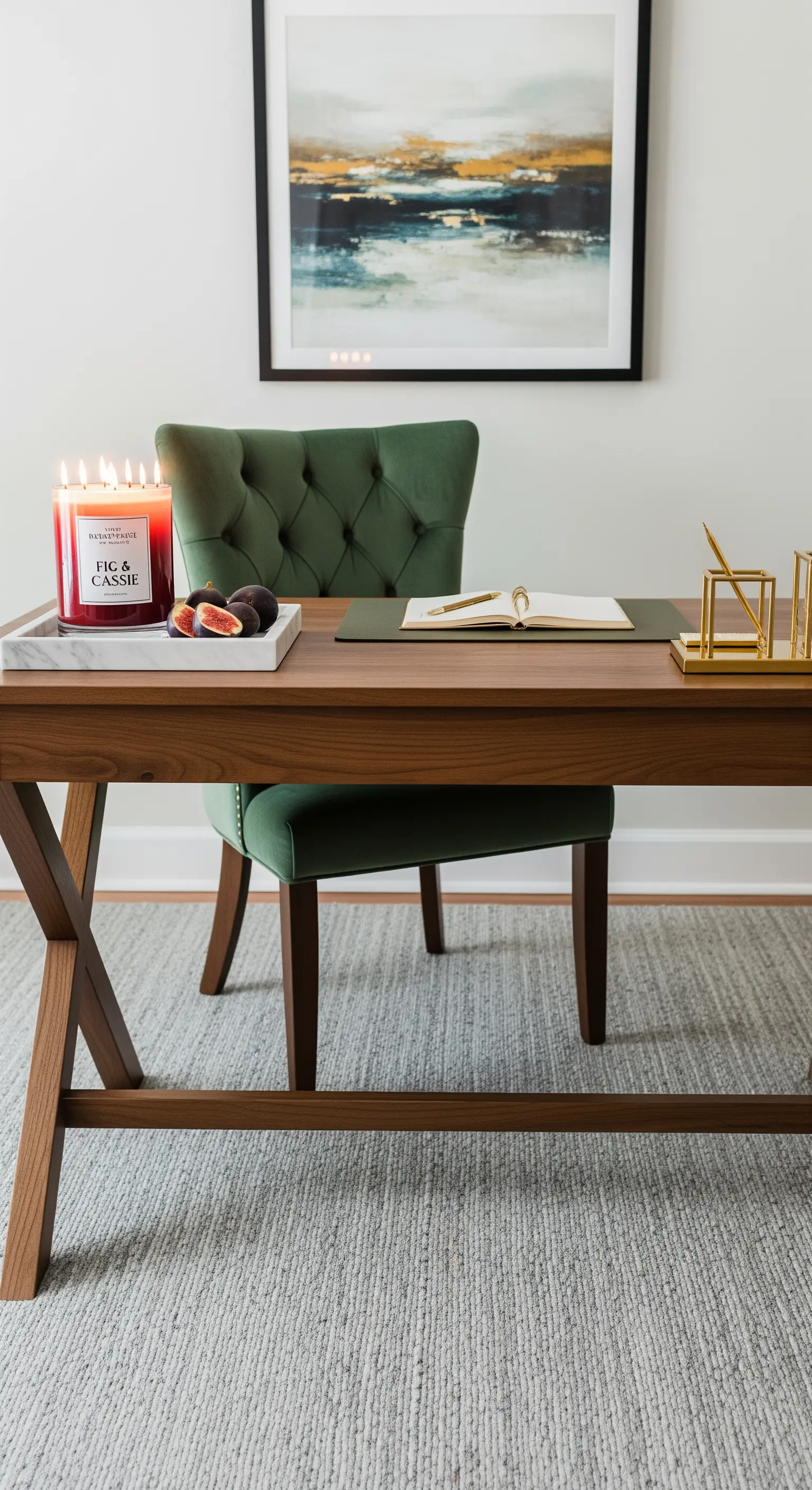 Scrivania moderna in legno con sedia in velluto verde, tappeto grigio e dettagli in ottone.