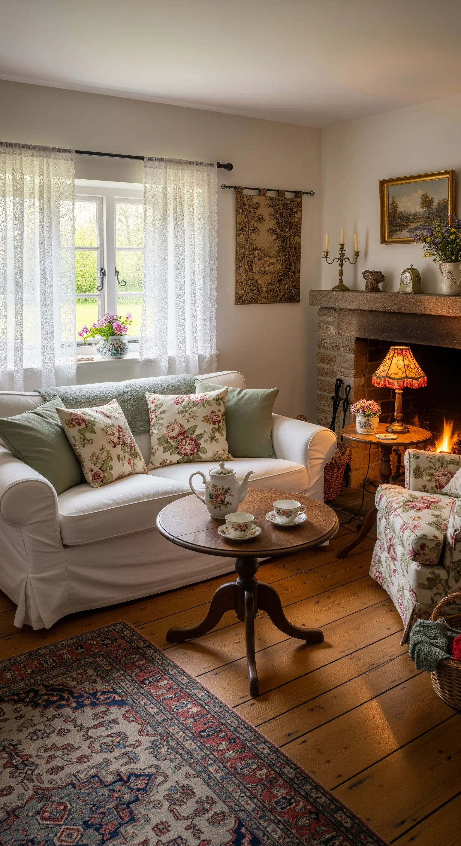 Salotto in stile cottage con divano bianco, tende in pizzo e cuscini floreali.