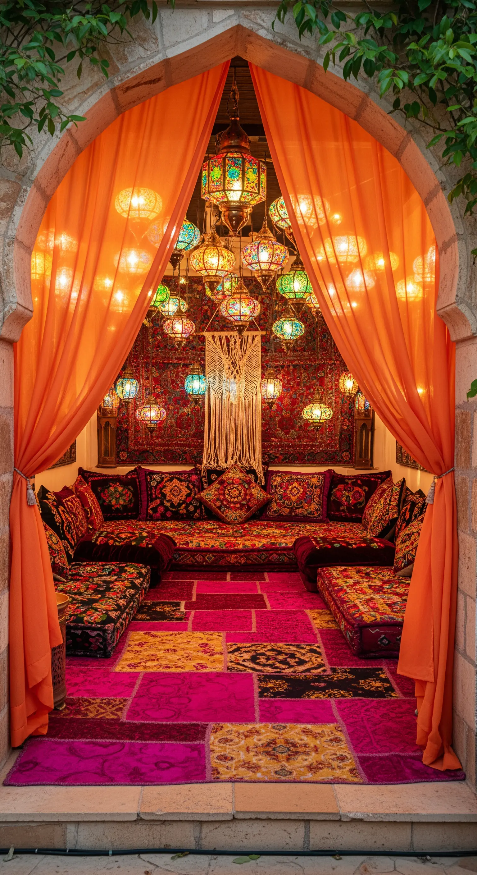 Nicchia in stile marocchino con tende arancioni, lampade colorate e cuscini etnici.
