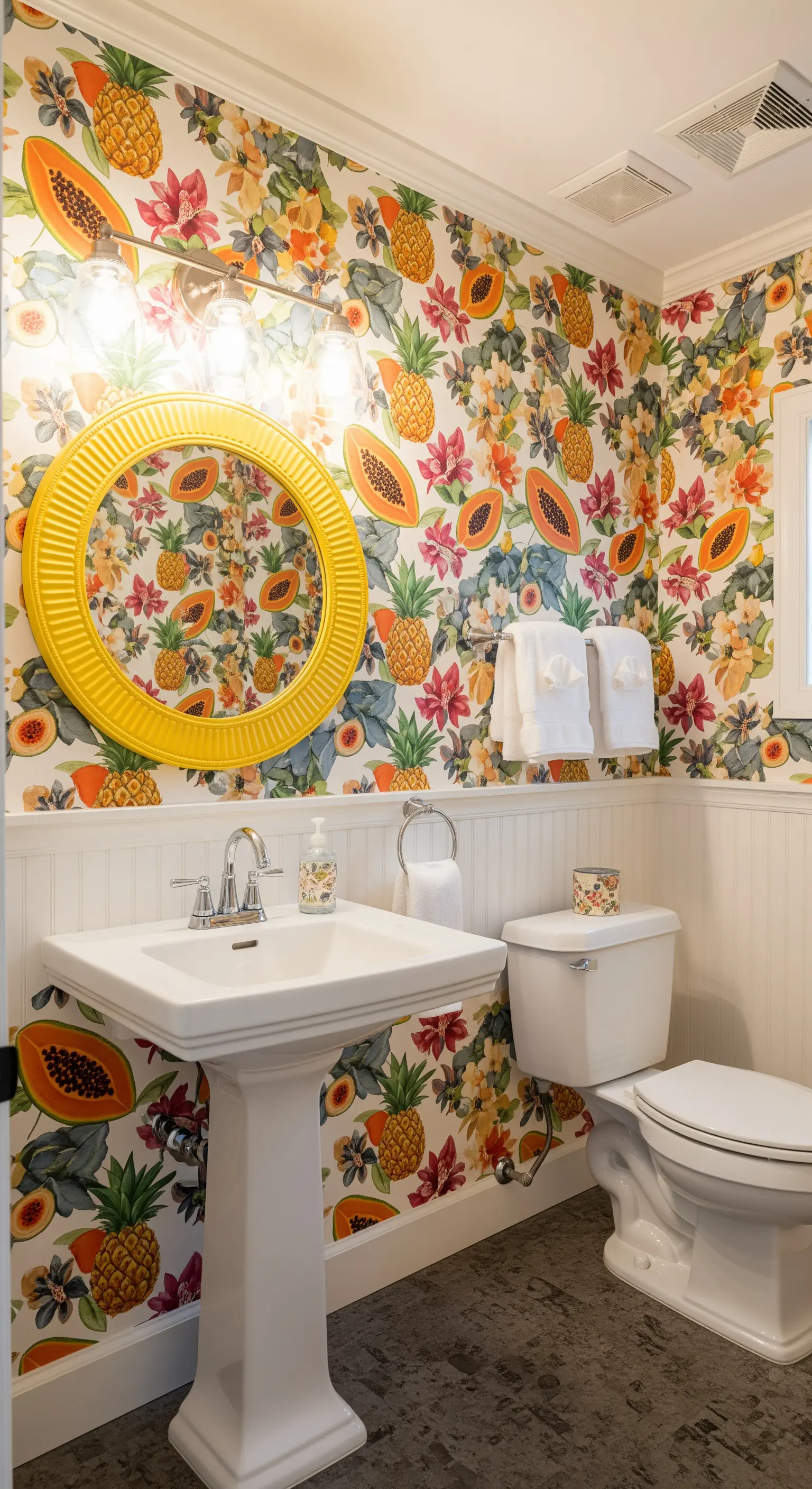 Bagno con carta da parati a tema frutta, boiserie bianca e specchio con cornice gialla.