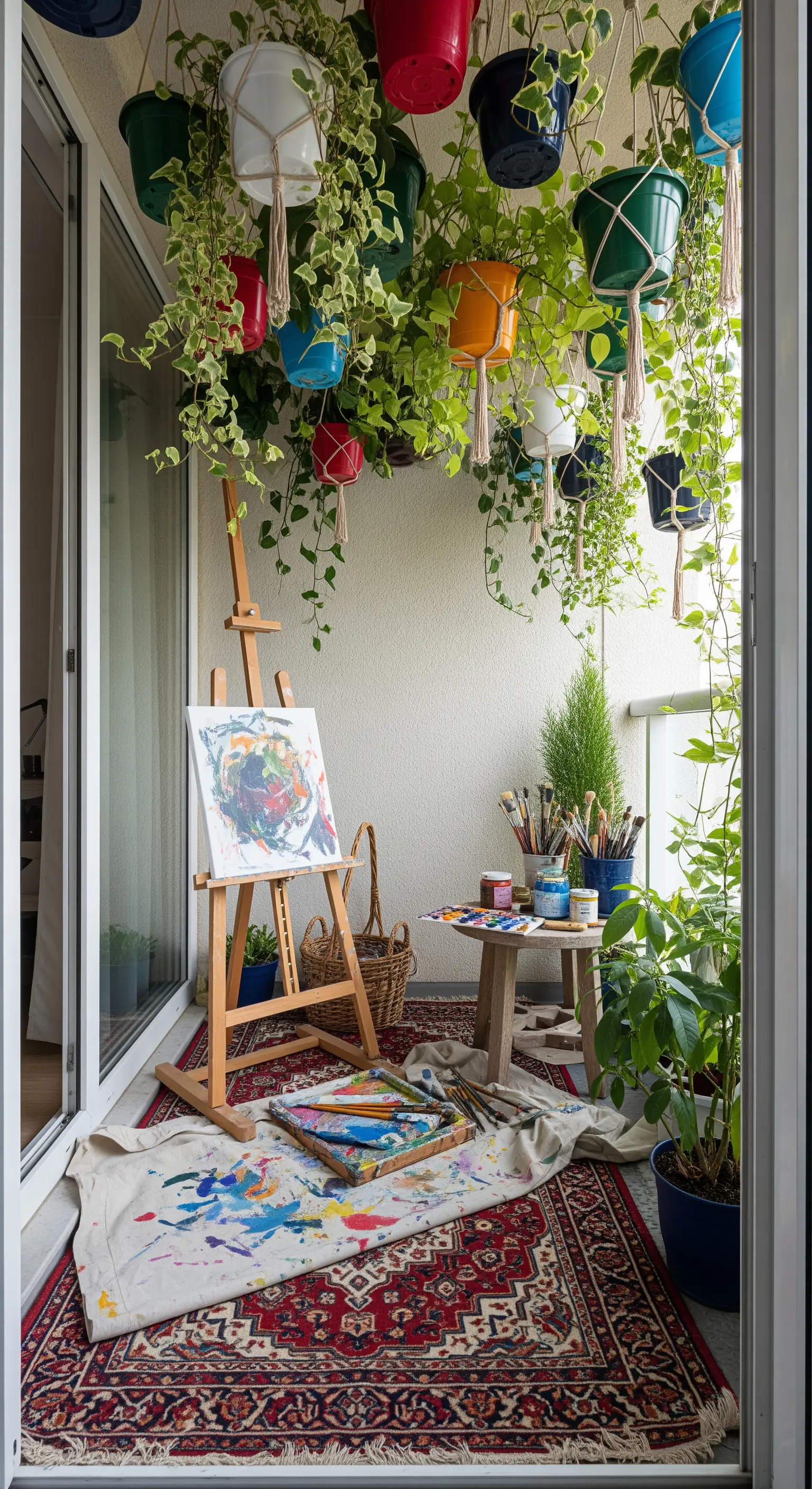 Balcone trasformato in studio d'artista con cavalletto, colori e vasi variopinti.