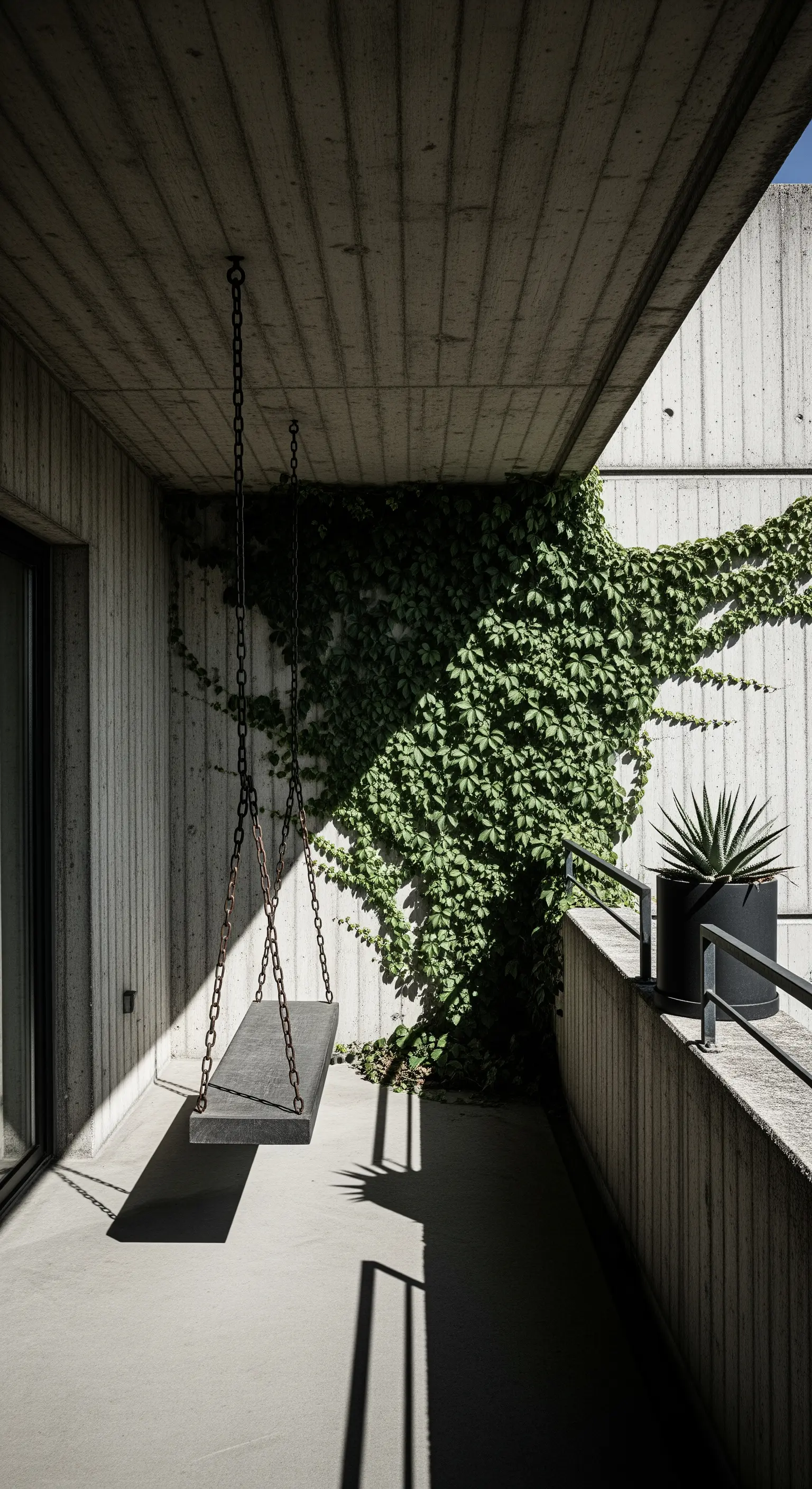 Un'altalena minimalista in pietra sospesa con catene su un balcone in cemento con un rampicante.
