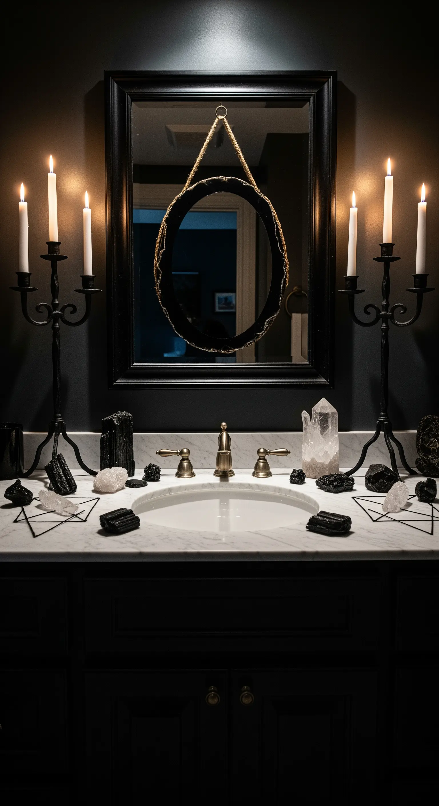 Lavabo in marmo con cristalli di tormalina nera e quarzo, affiancato da candelabri