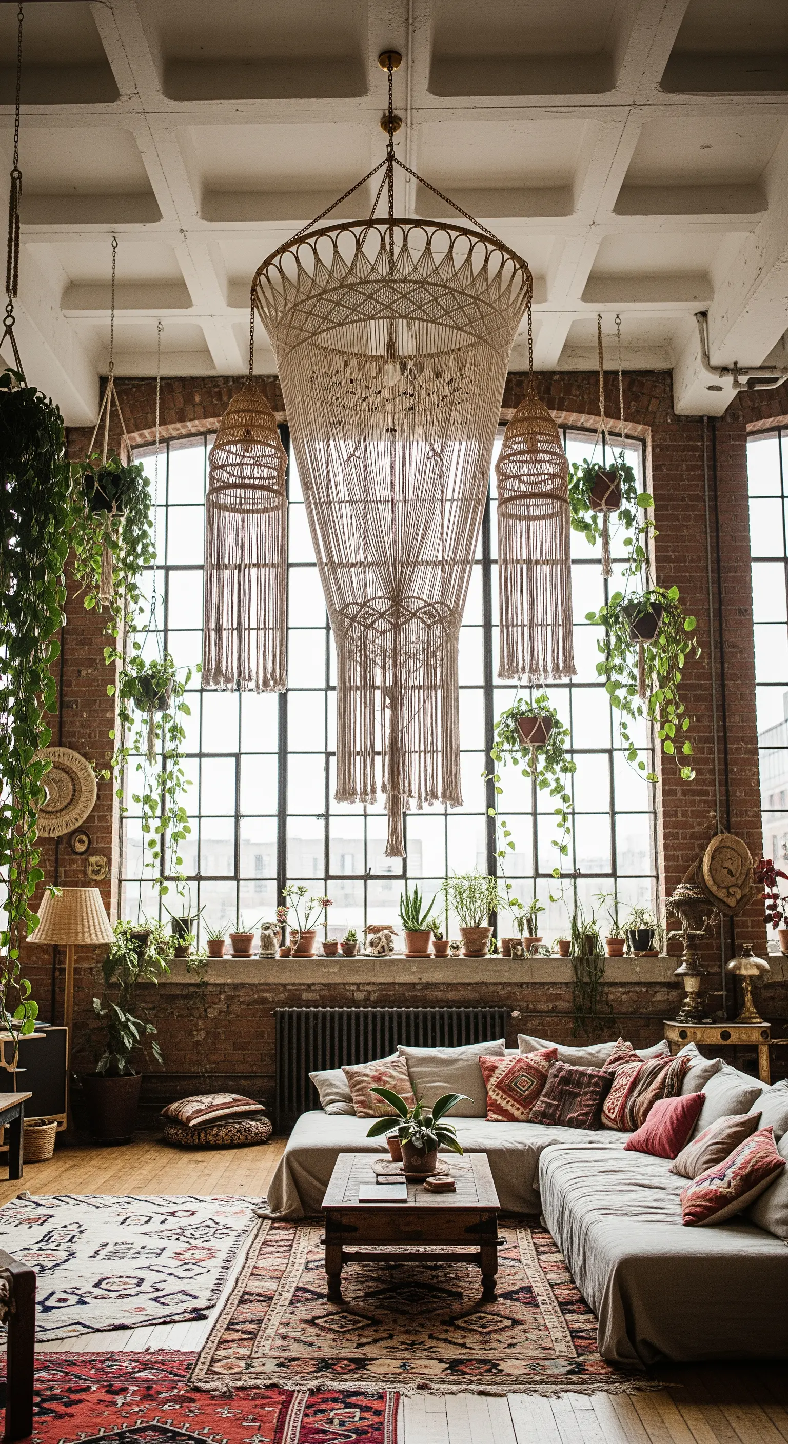 Loft bohémien con un enorme lampadario in macramè, mattoni a vista e tante piante verdi.