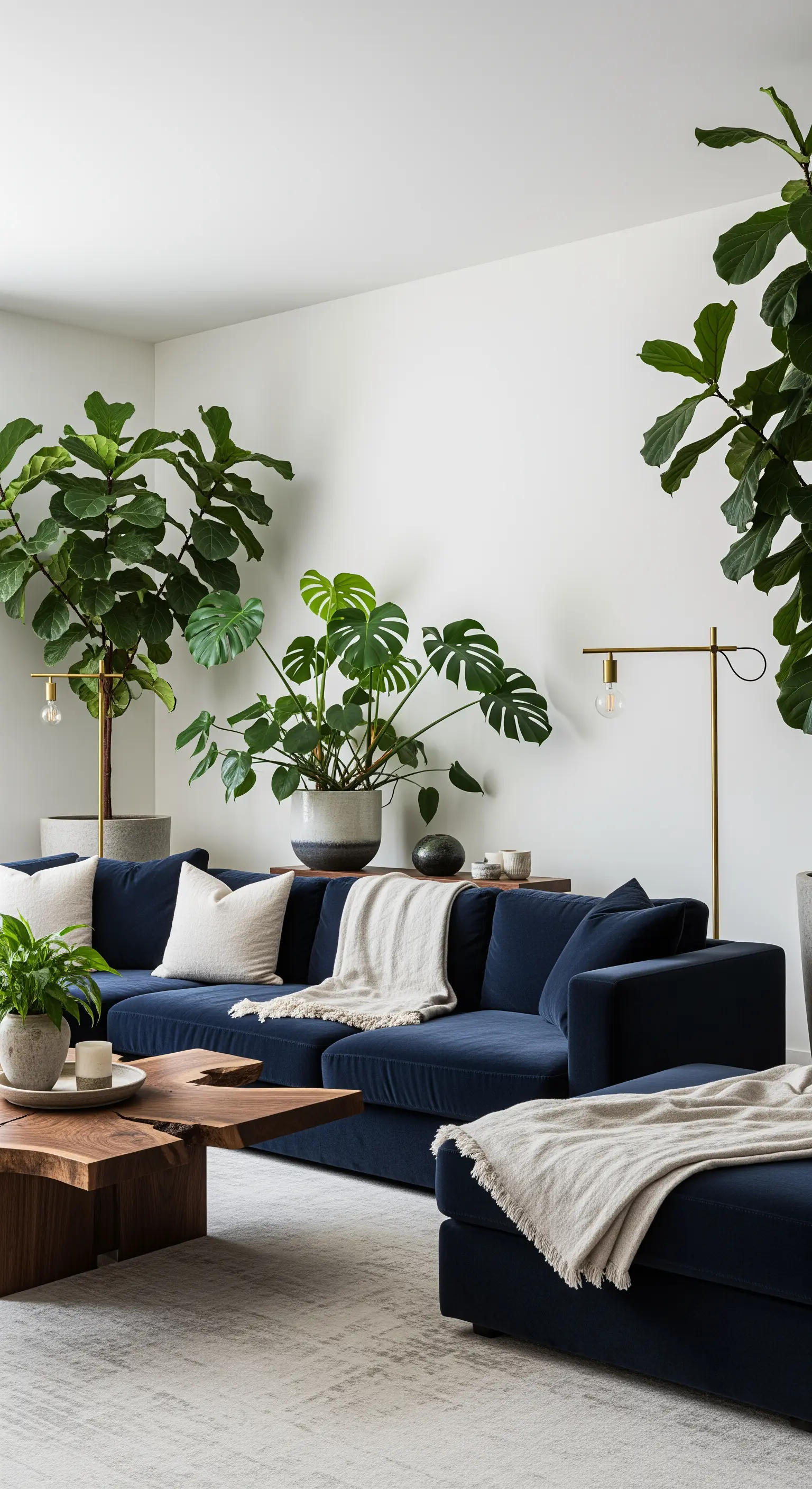 Divano angolare in velluto blu circondato da grandi piante da interno e lampade dorate minimal.