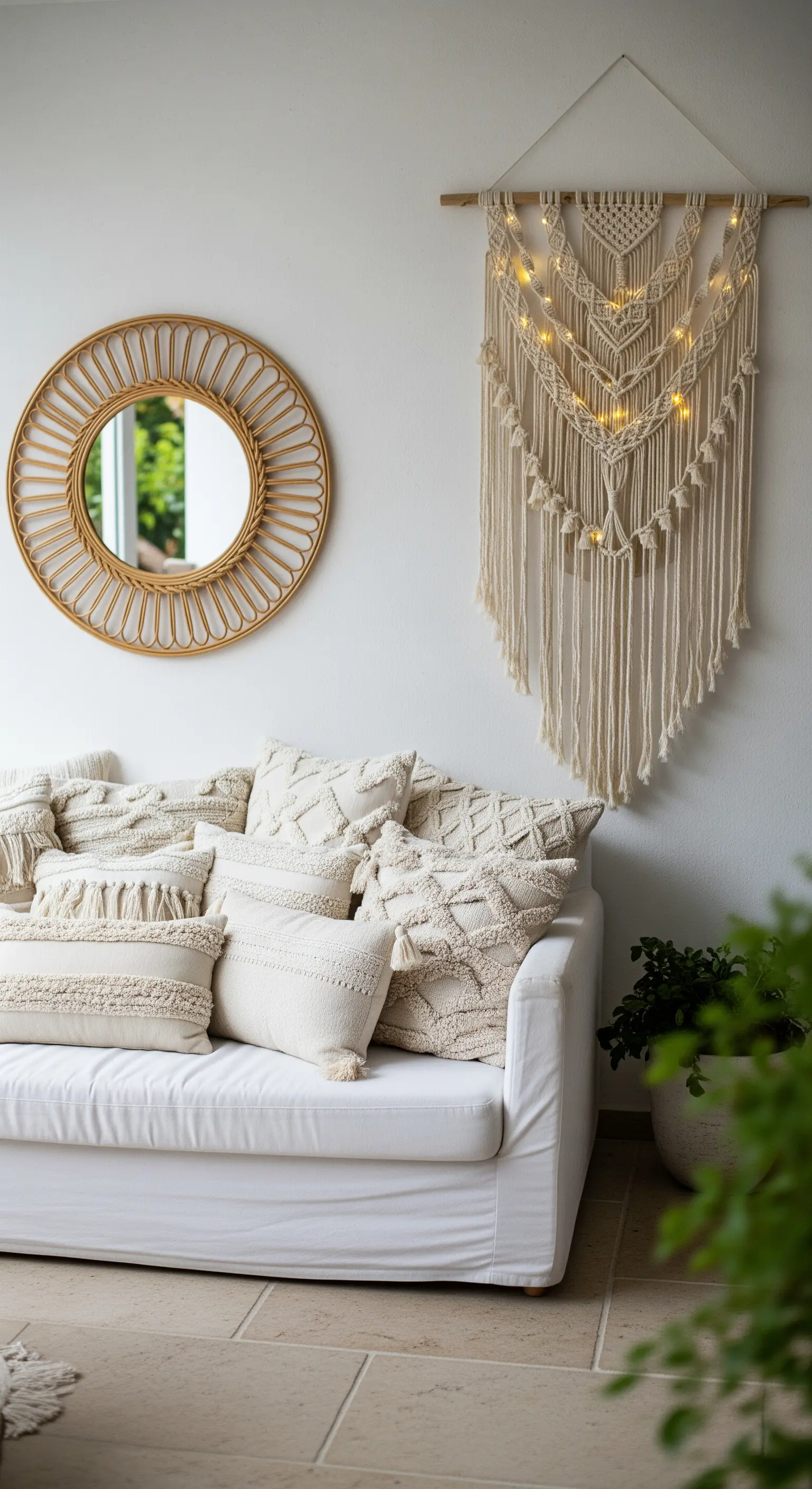 Divano bianco con cuscini in macramè, specchio in rattan e decorazione da parete in macramè con luci