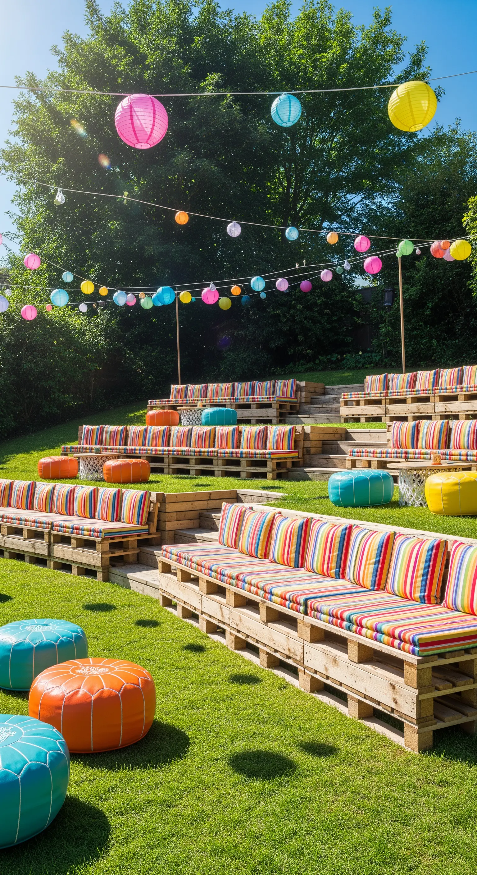Sedute a gradoni realizzate con pallet e cuscini a righe colorate per un evento all'aperto