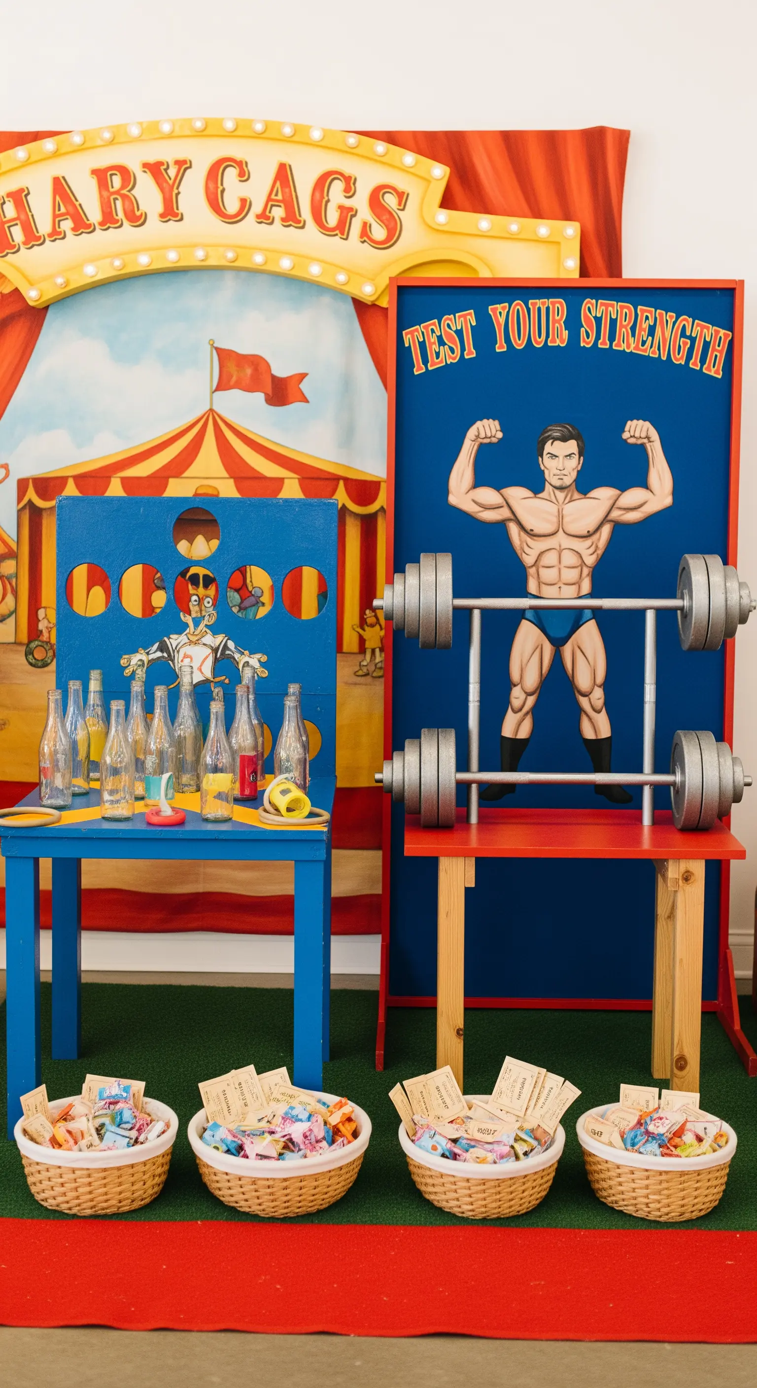 Angolo giochi a tema circo vintage con tiro agli anelli e premi in ceste di vimini.