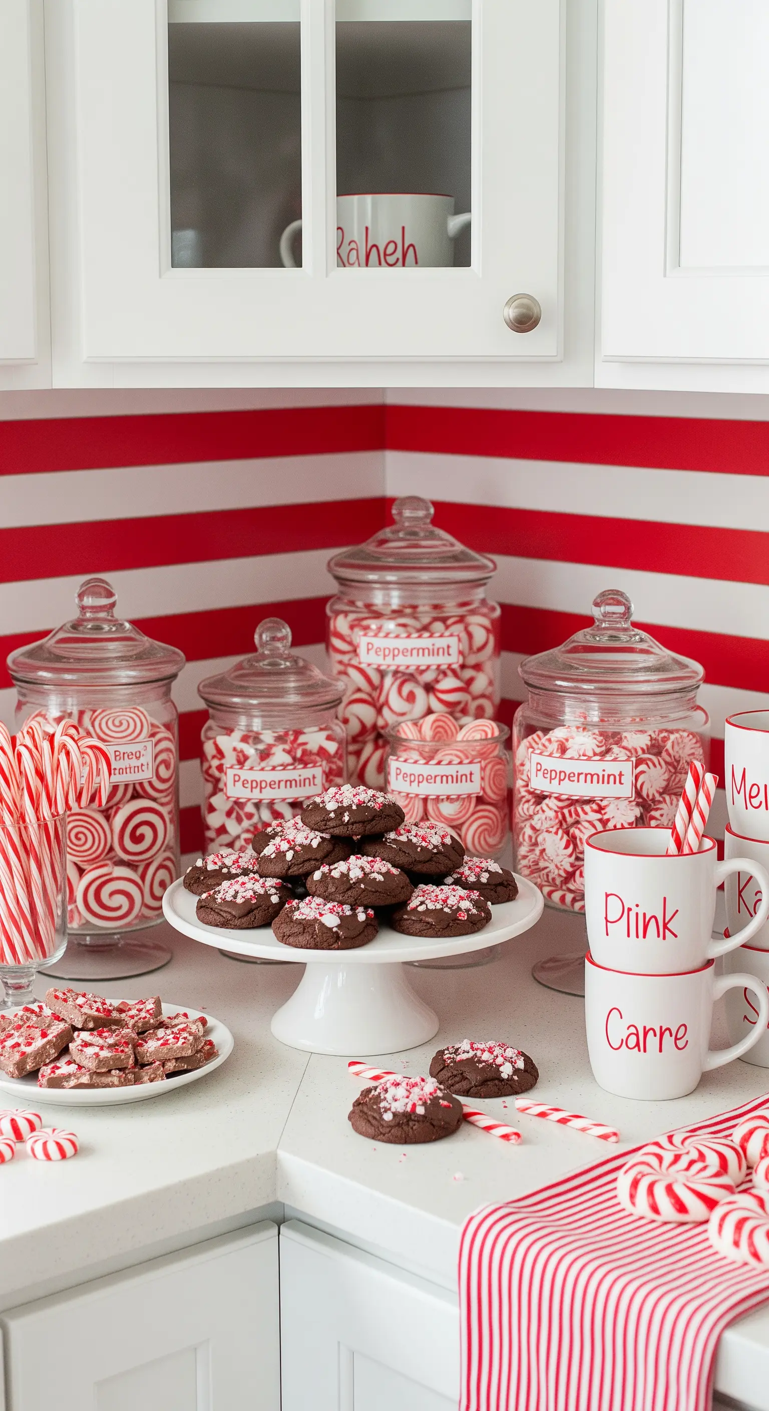 Angolo cucina decorato in rosso e bianco con barattoli di caramelle, biscotti al cioccolato e tazze personalizzate.