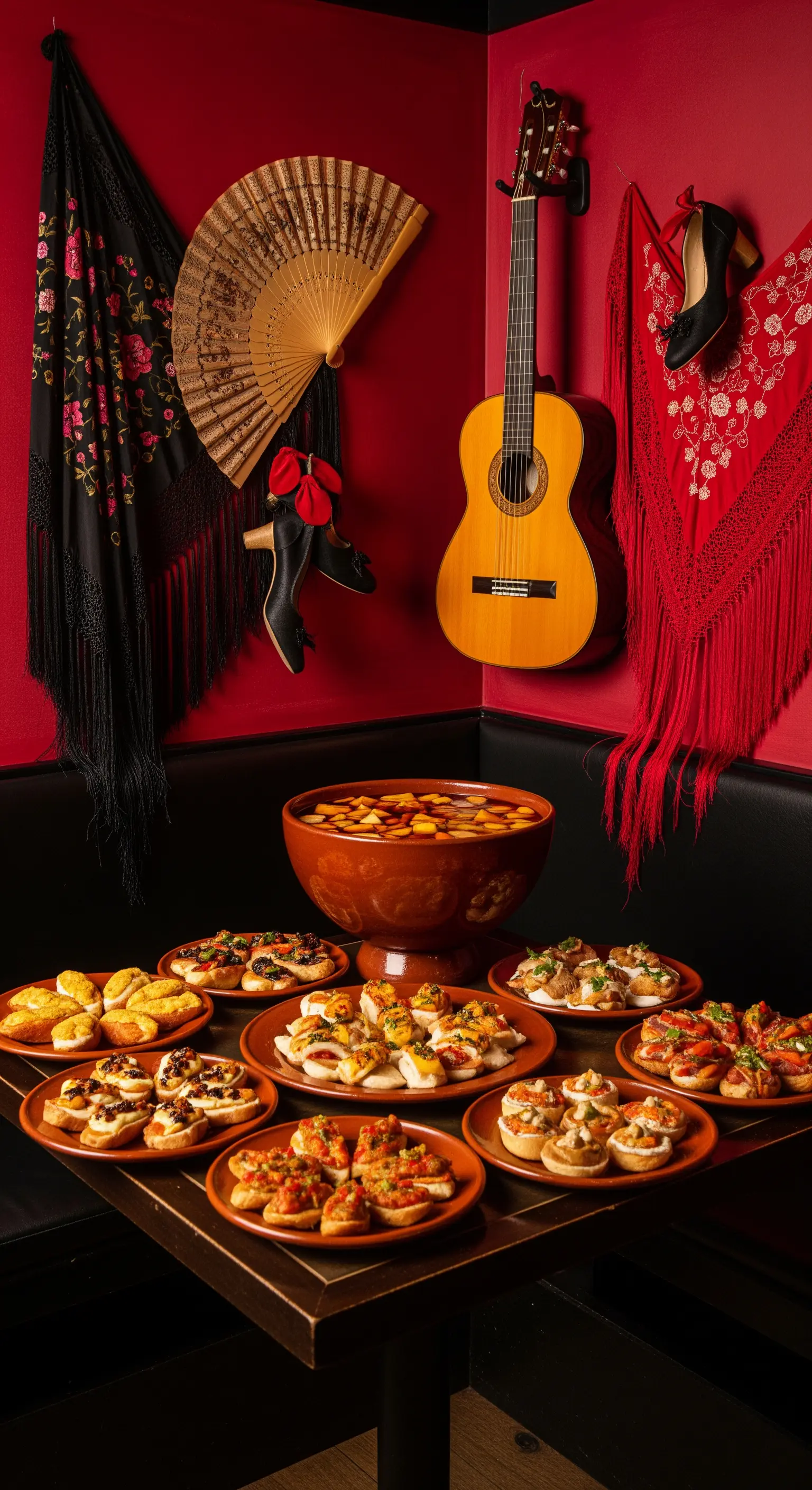 Angolo a tema spagnolo con chitarra, ventagli e una selezione di tapas e sangria.