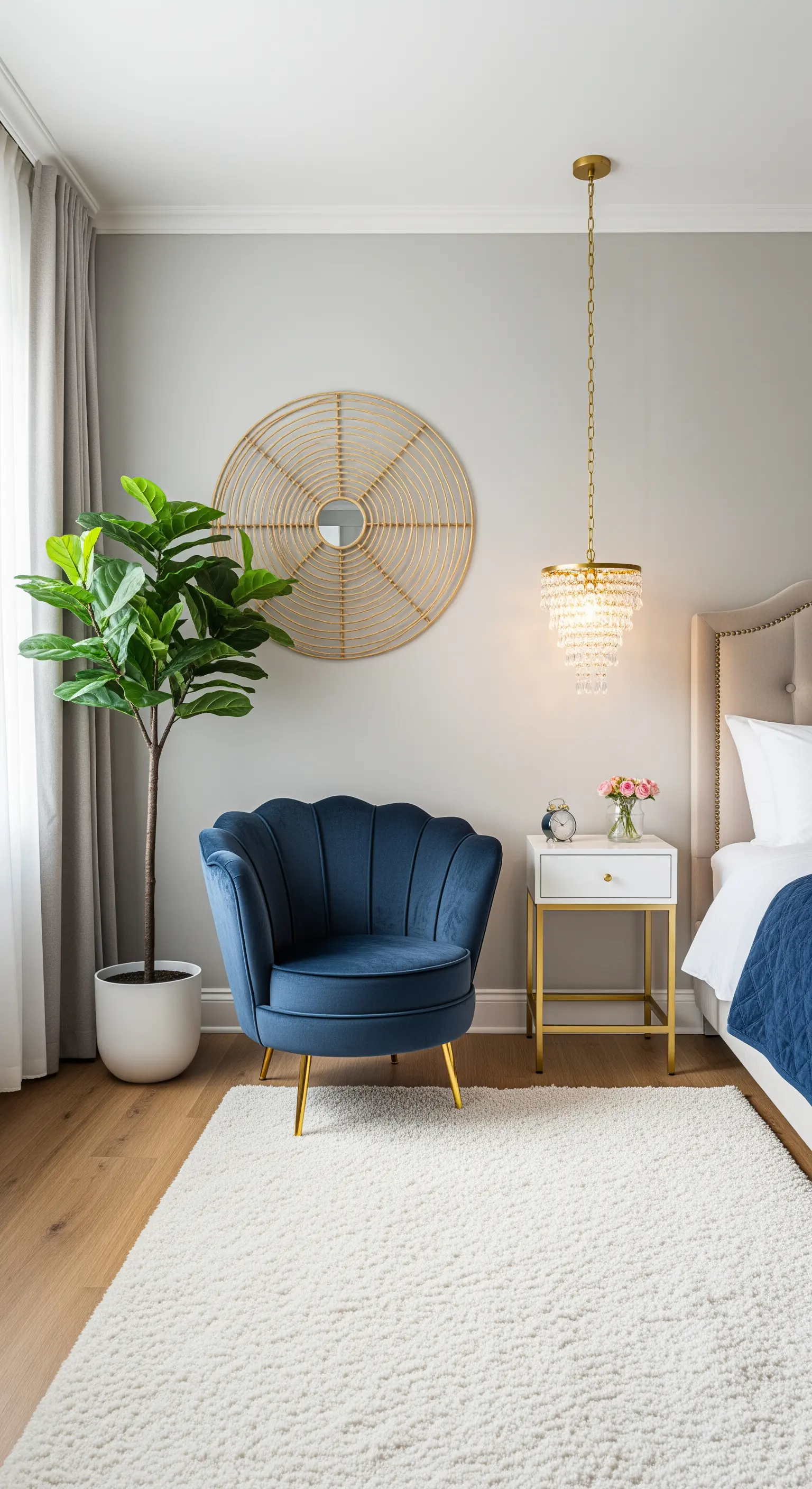 Poltroncina a conchiglia blu in una camera con lampadario dorato e pianta alta.