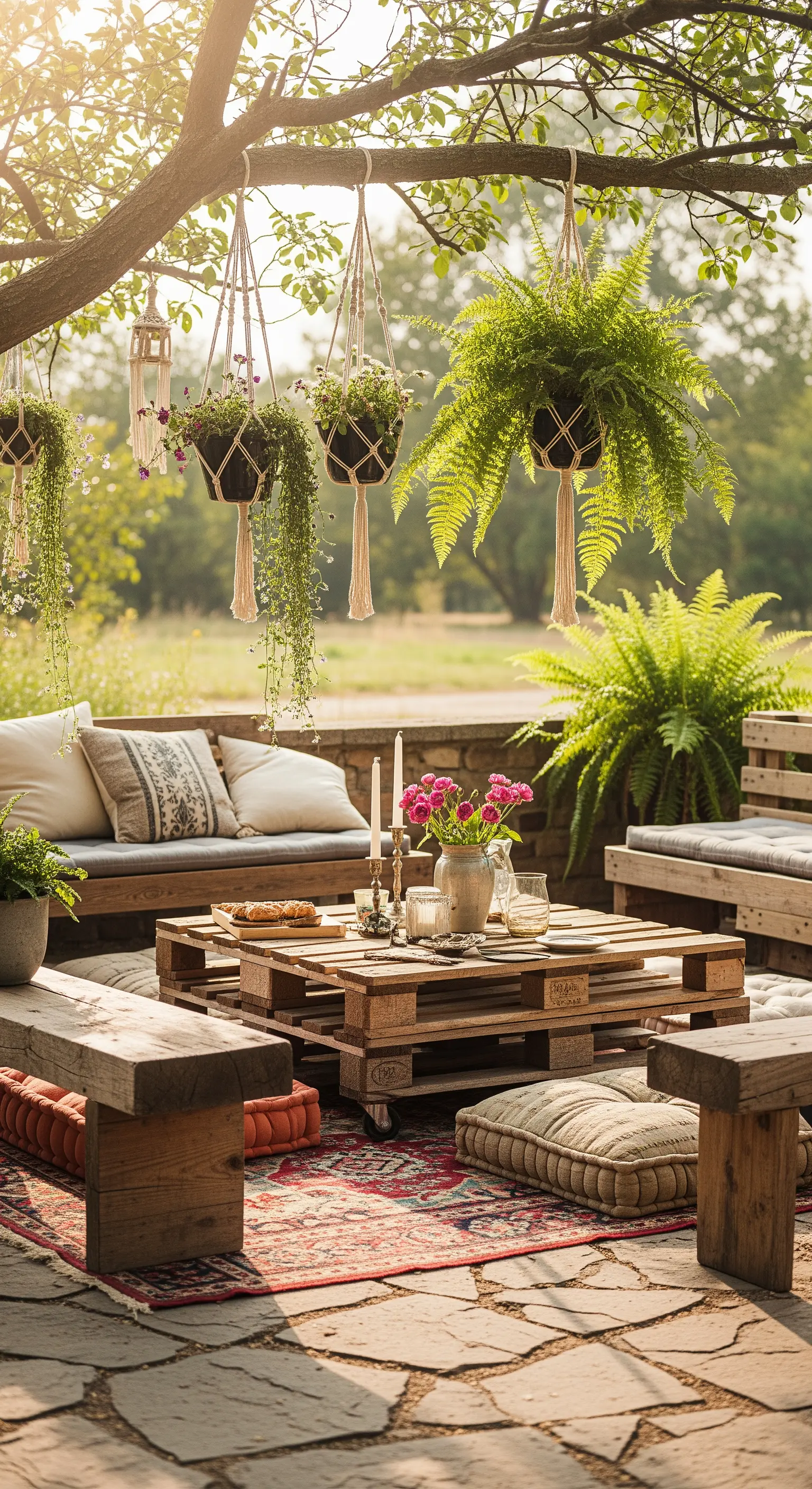 Area lounge bohémien con divani in pallet, cuscini, tappeti e piante appese in macramè.