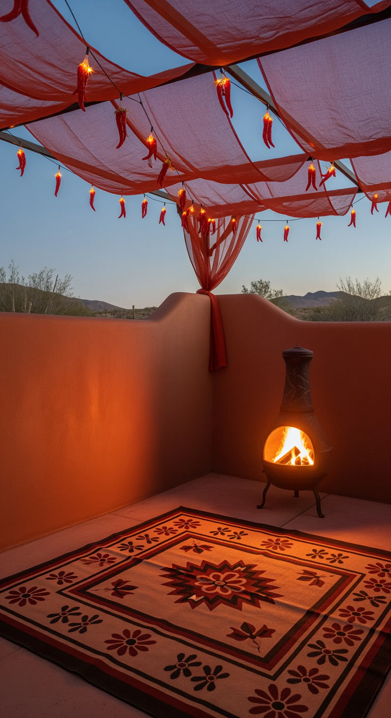 Patio color terracotta con camino messicano, telo rosso come copertura e luci a forma di peperoncino.