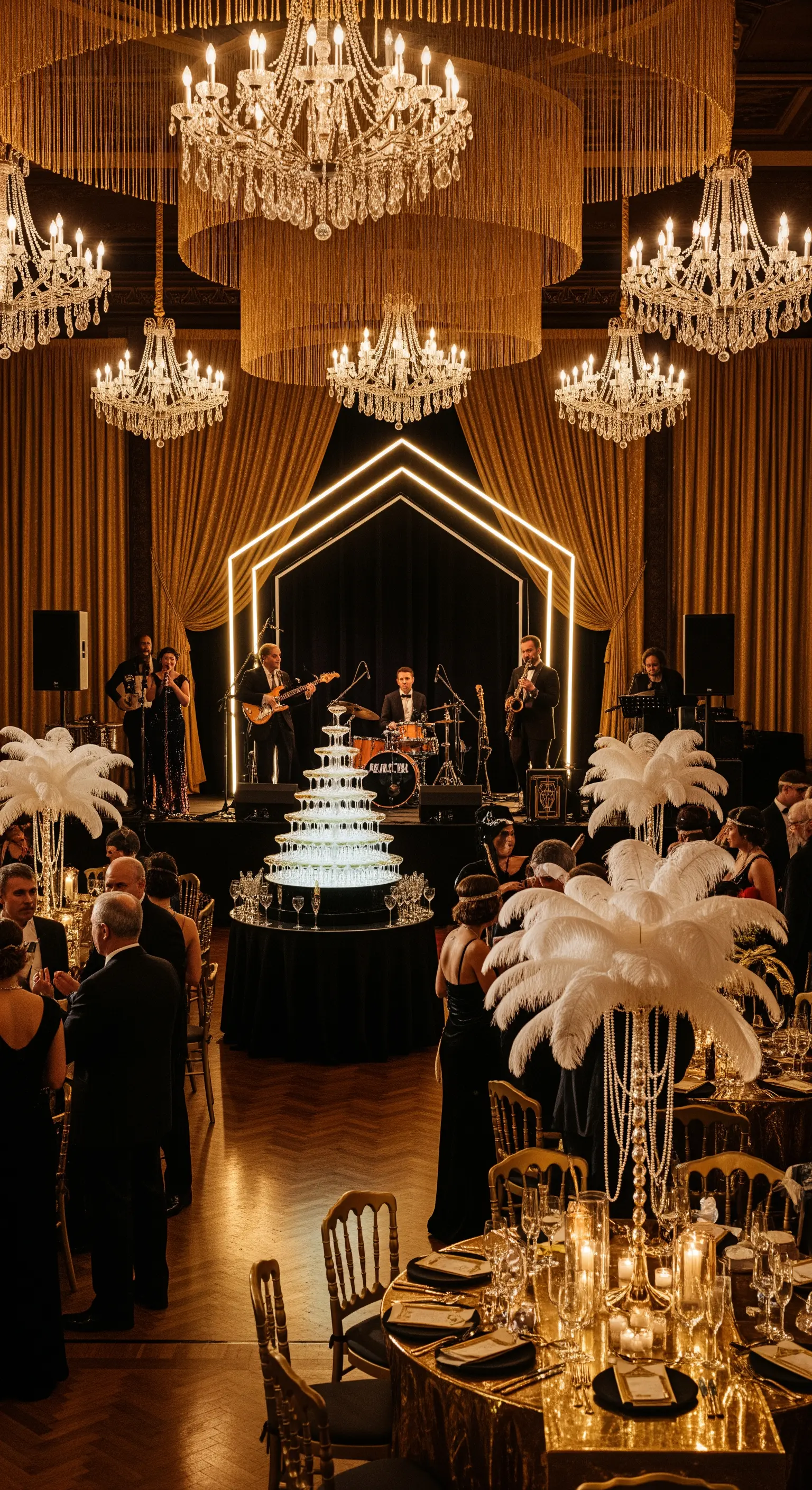 Ricevimento di nozze in stile Grande Gatsby con lampadari di cristallo e piramide di champagne