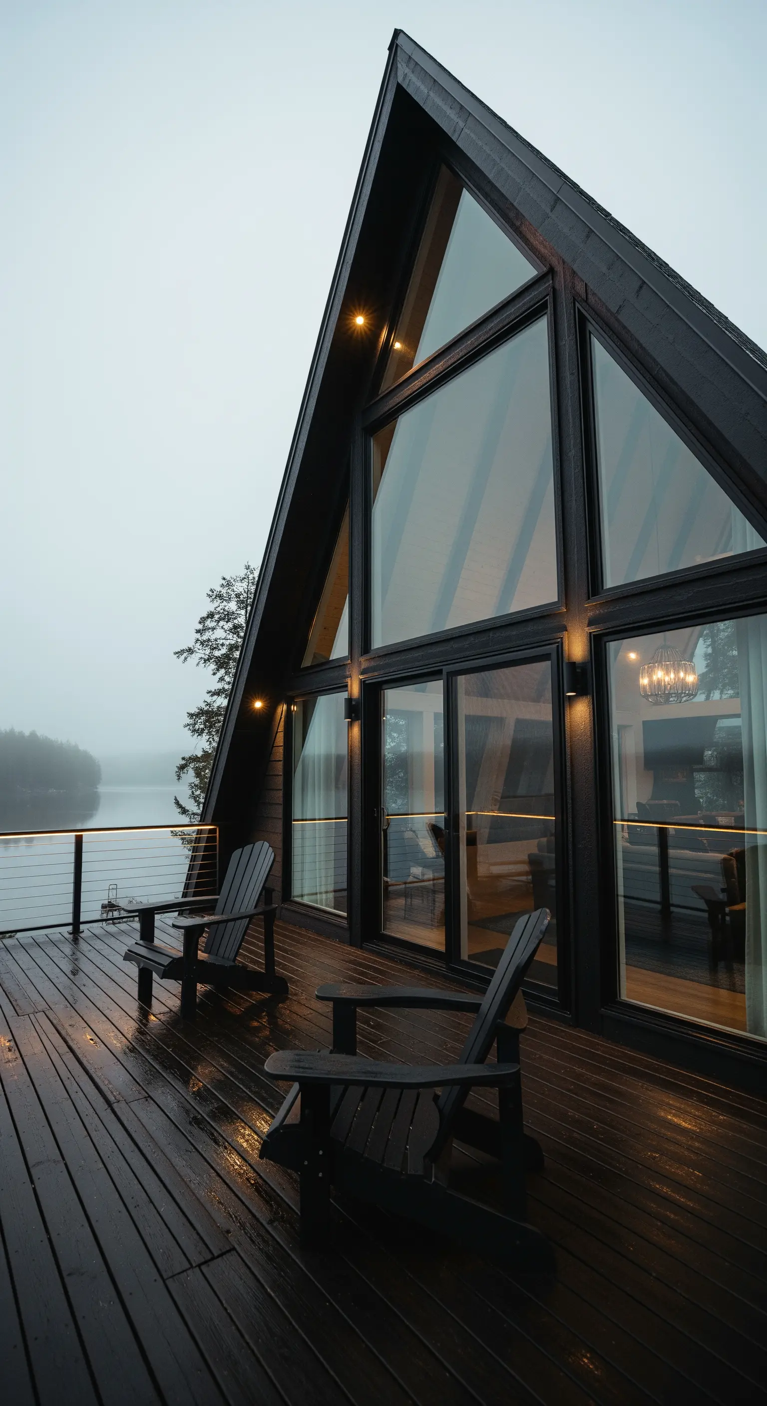 Casa A-frame con facciata in vetro e un'ampia terrazza in legno scuro affacciata sul lago