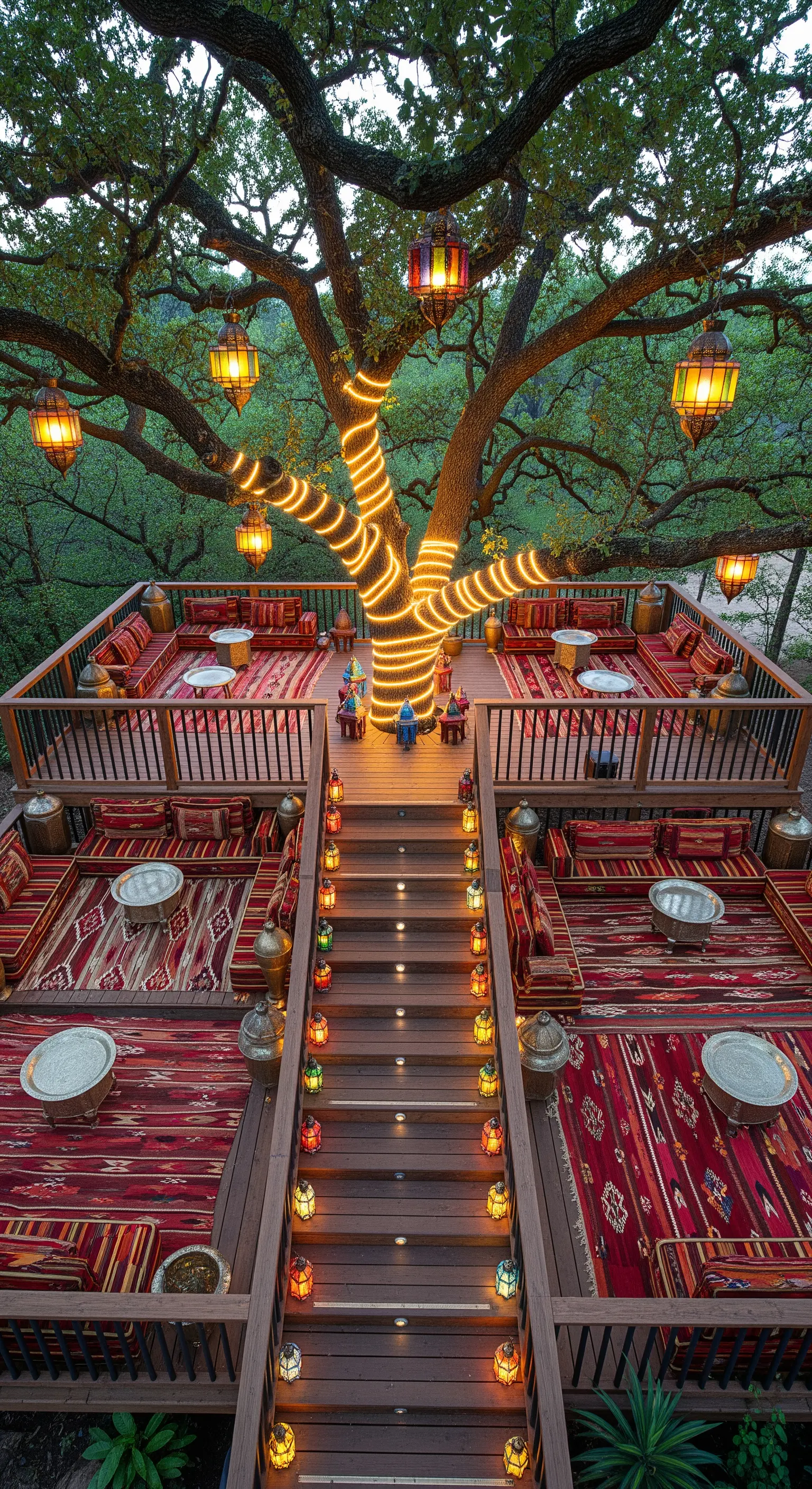 Terrazza in legno a più livelli costruita intorno a un albero illuminato.