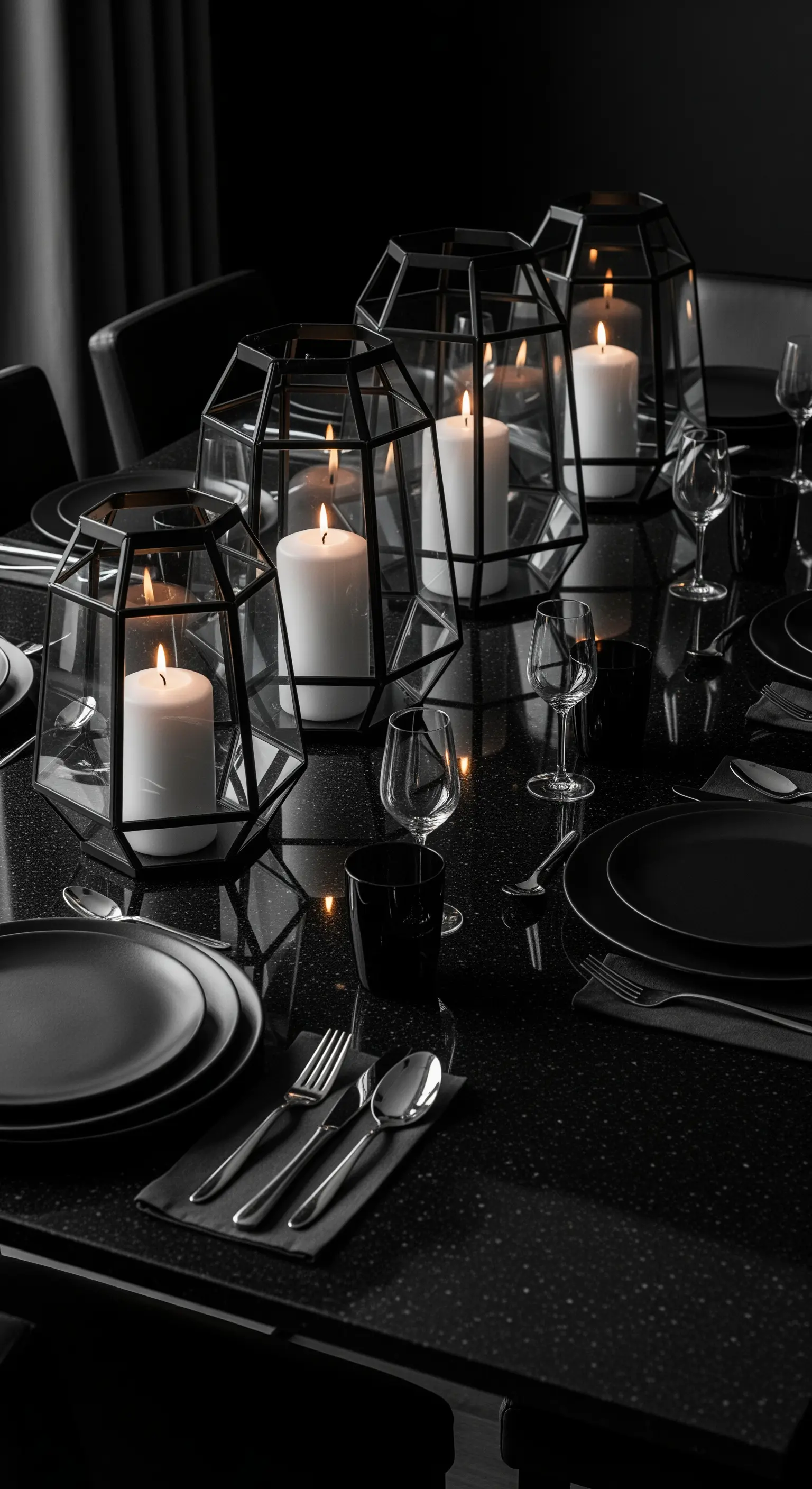 Tavola total black con grandi lanterne geometriche nere contenenti candele bianche.