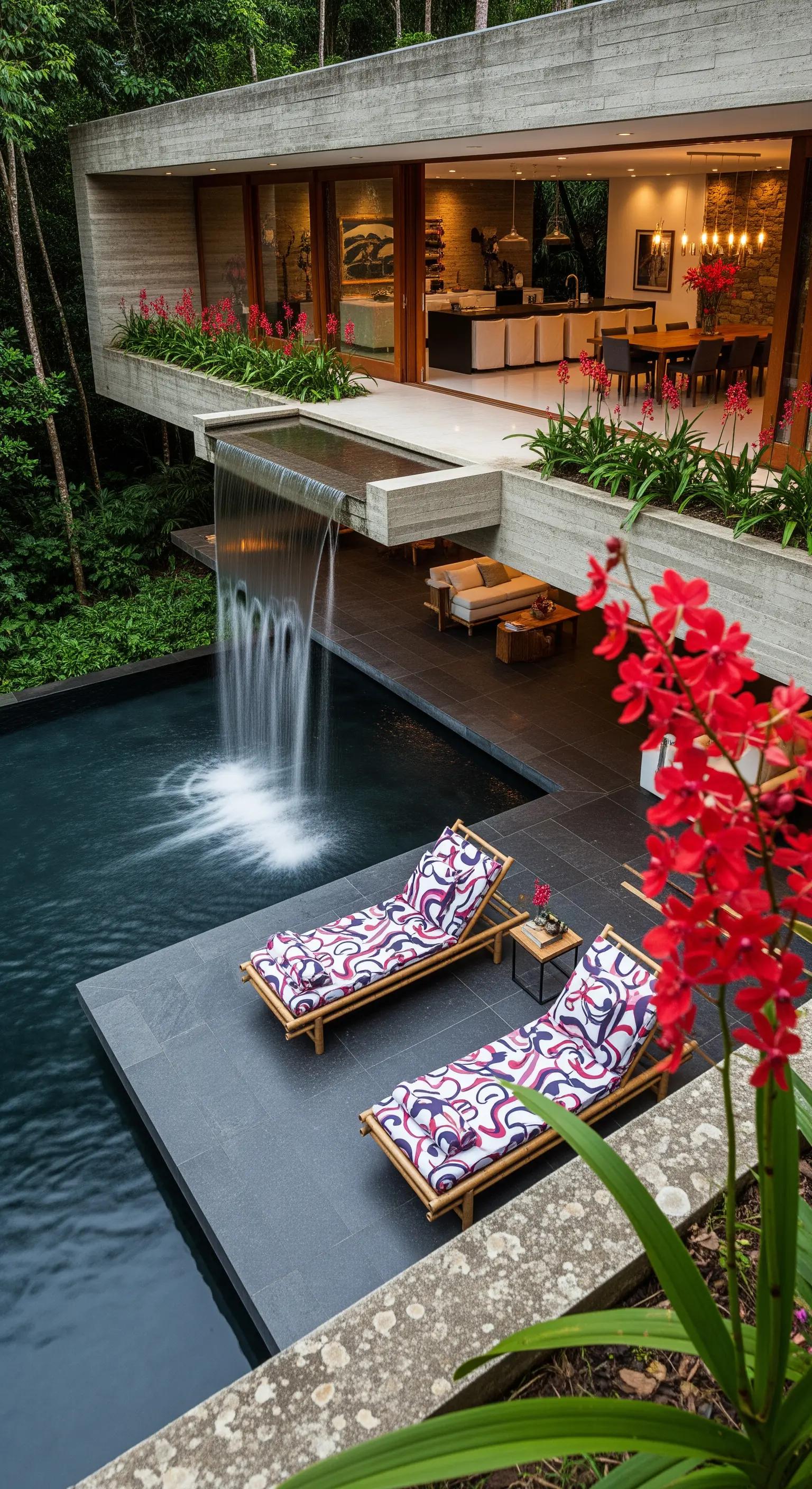 Casa moderna in cemento con cascata che cade dal terrazzo in una piscina sottostante.