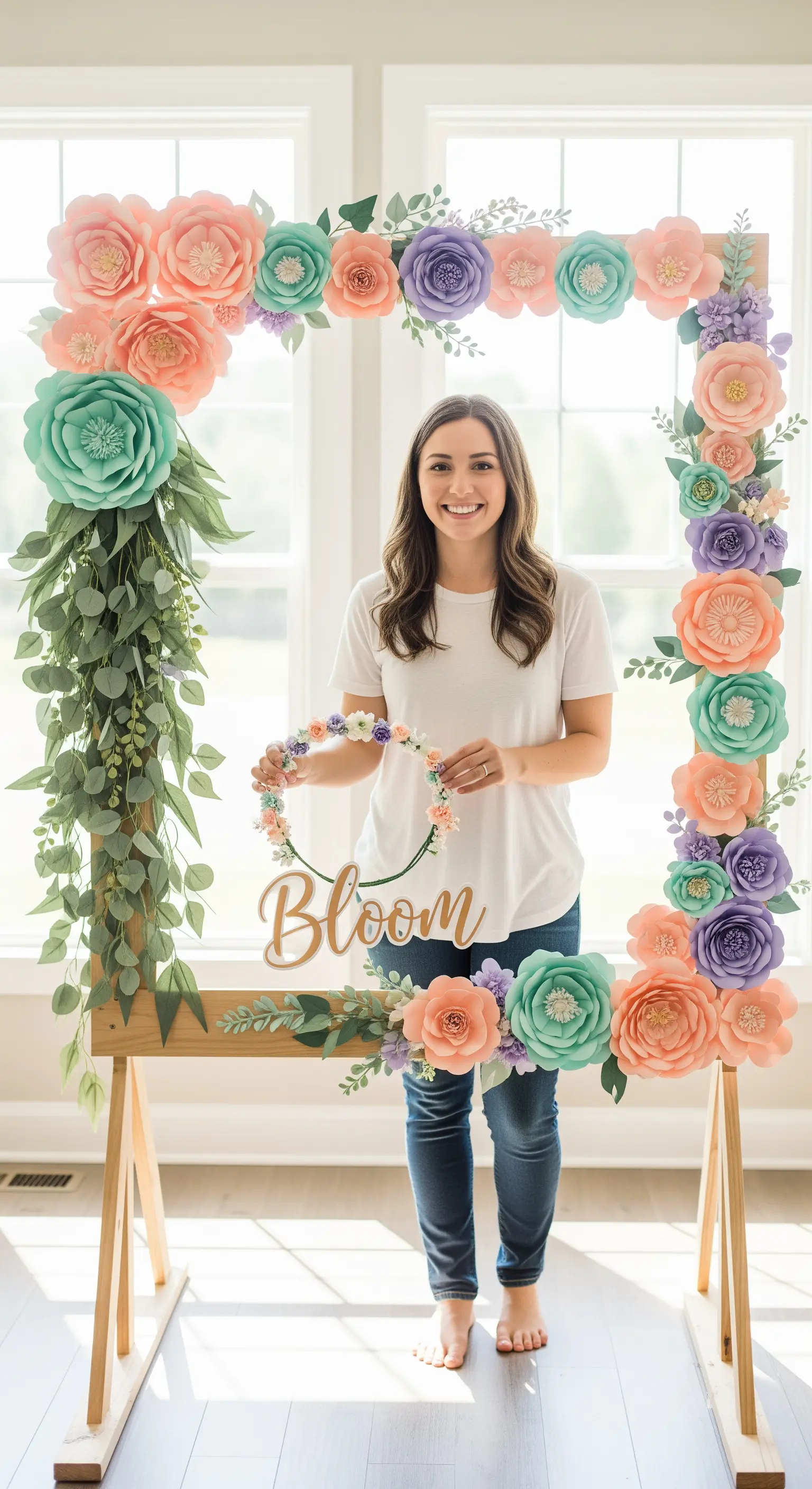 Donna sorridente dietro un arco di legno decorato con grandi fiori di carta color pastello.