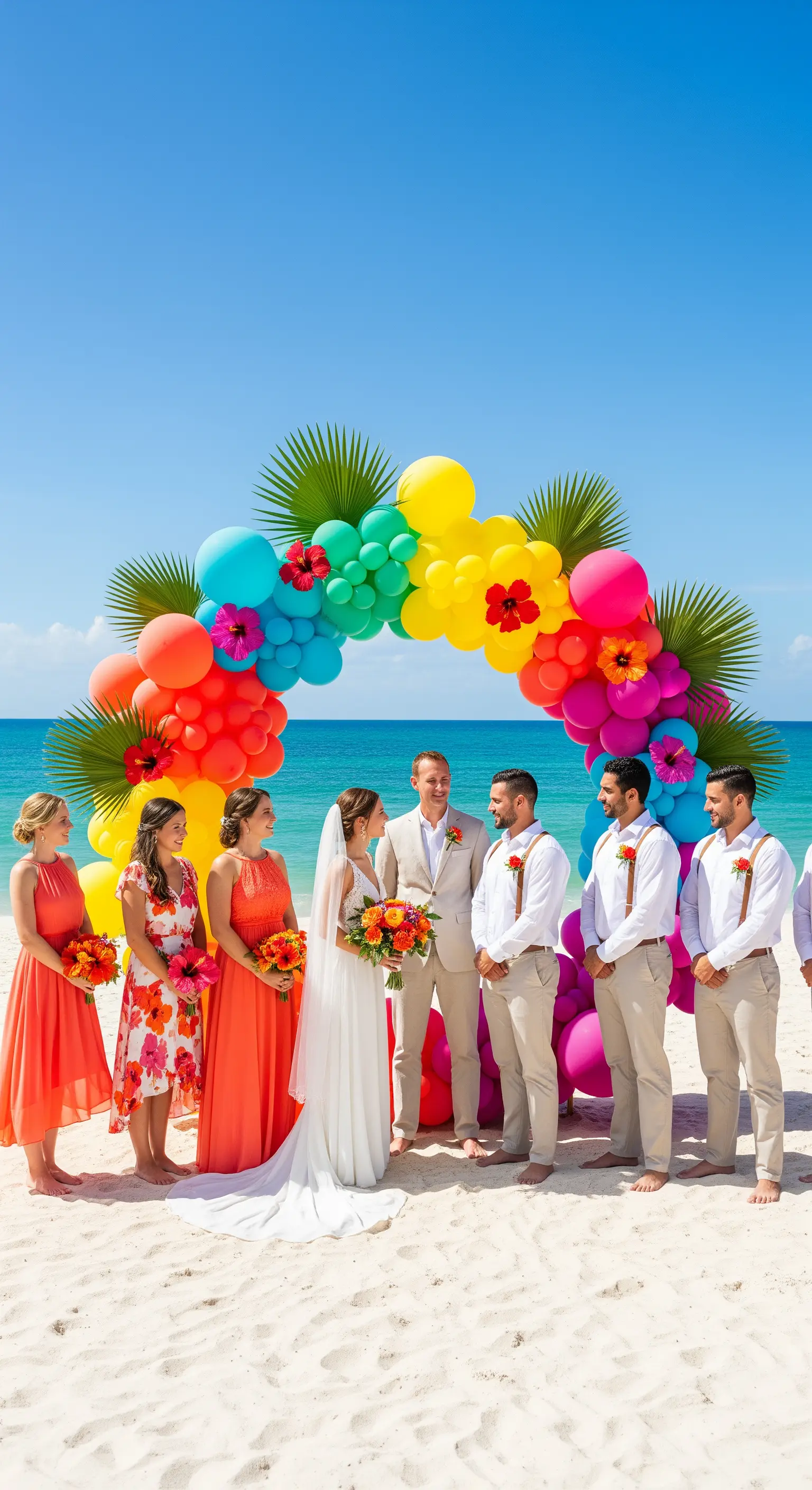 Arco di palloncini e fiori tropicali per una cerimonia di matrimonio sulla spiaggia.