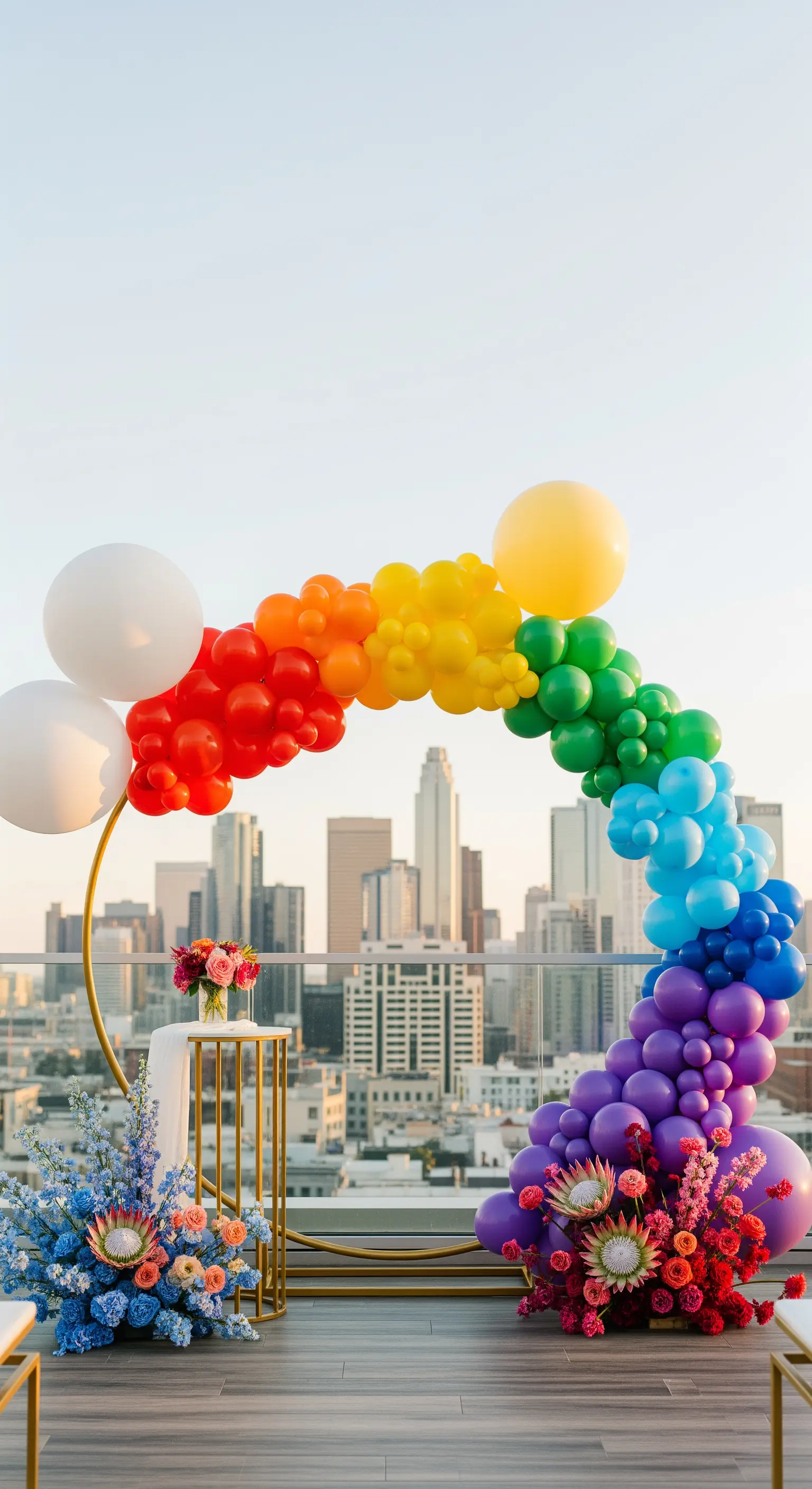 Arco di palloncini arcobaleno su una terrazza con vista sulla città.