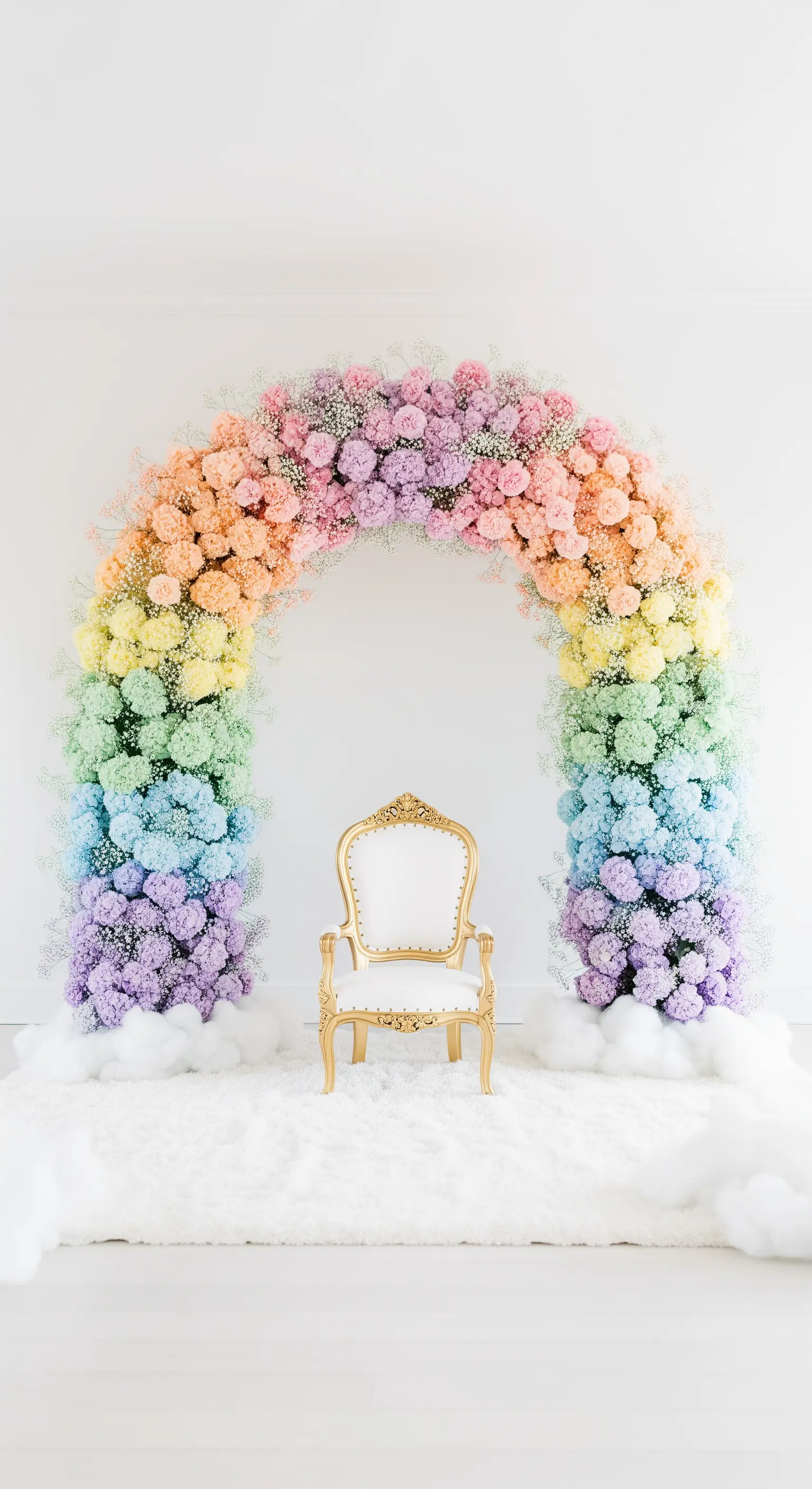 Trono bianco sotto un arco arcobaleno fatto di gypsophila colorata.