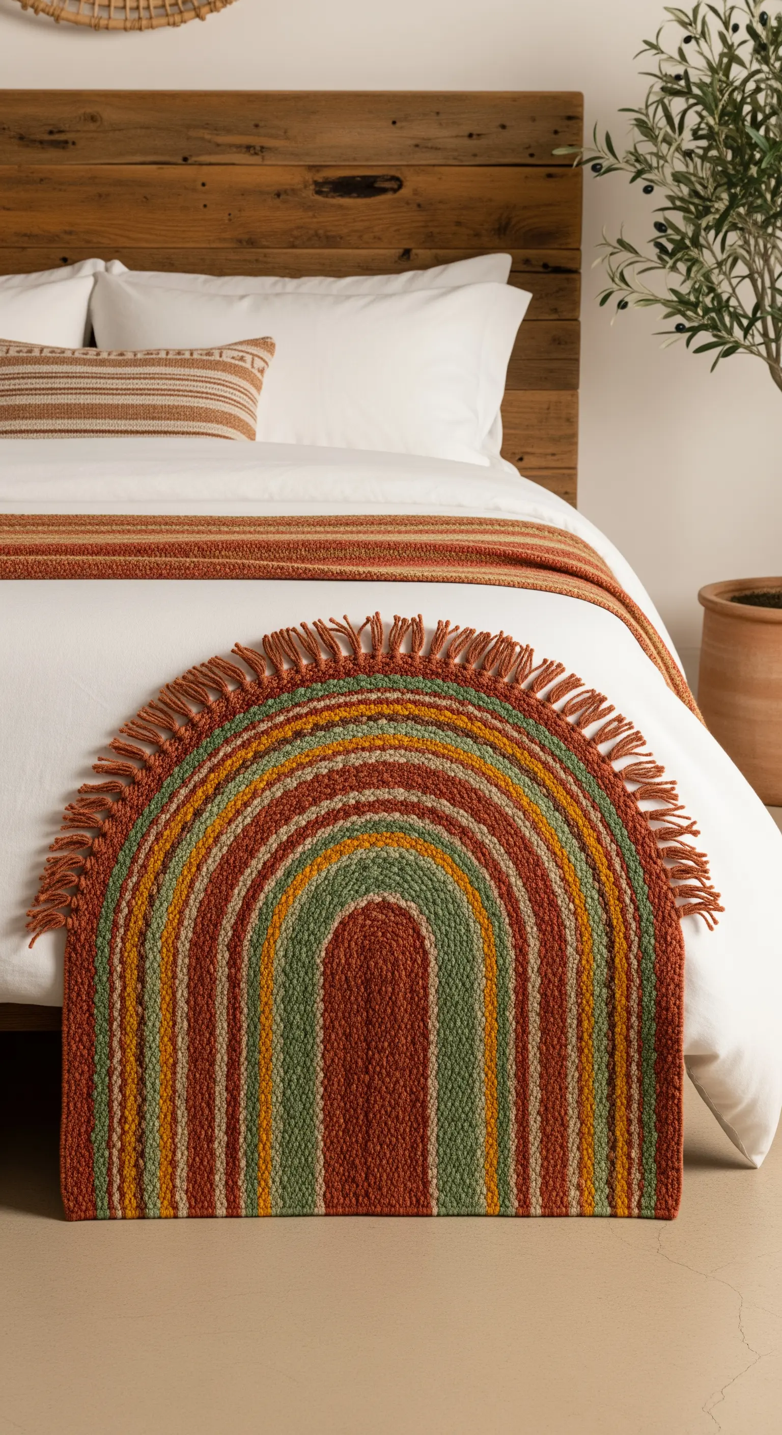 Tappeto a mezzaluna con strisce colorate in toni della terra, ai piedi di un letto.