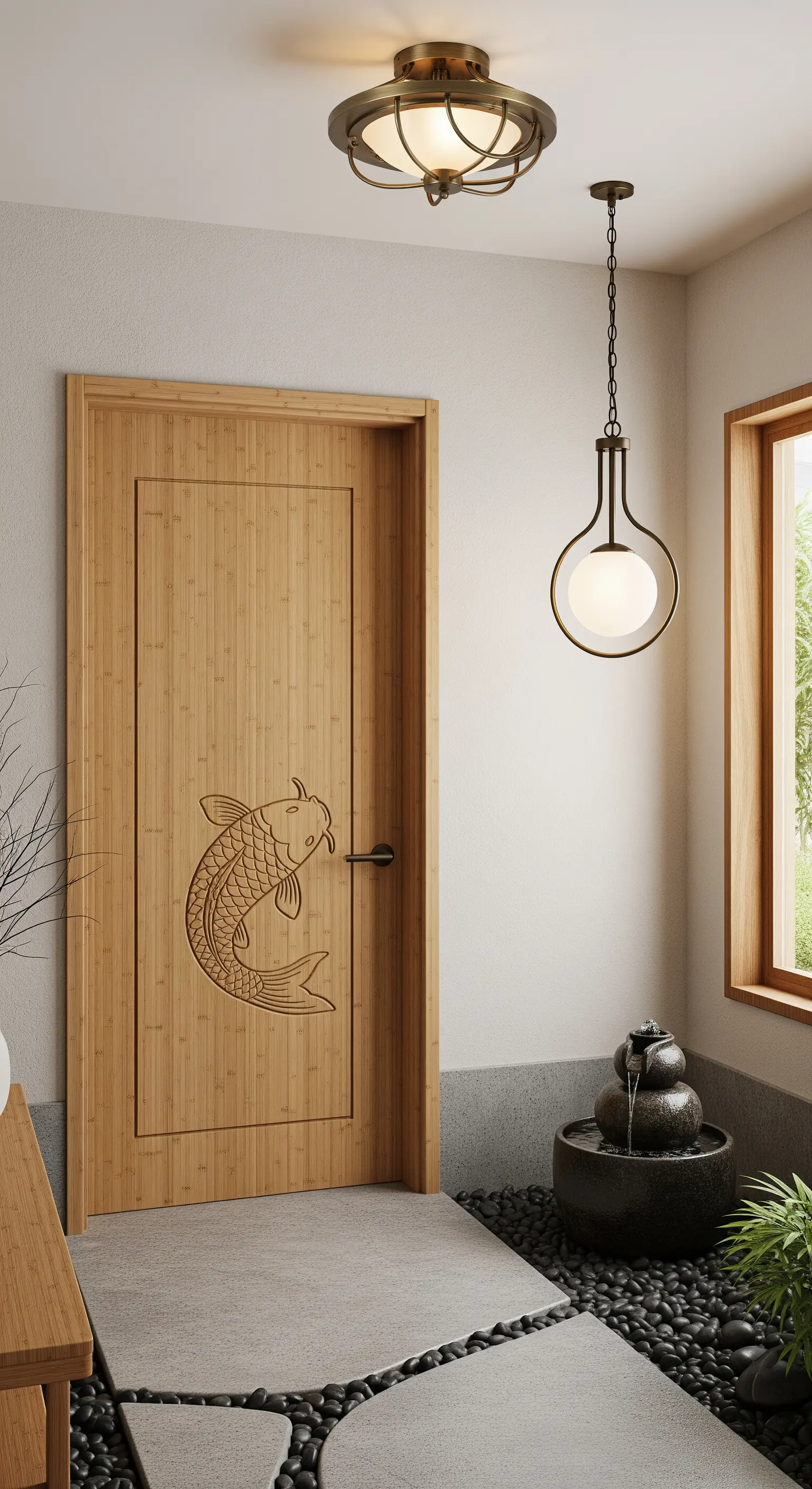 Ingresso in stile zen con porta in bambù con carpa koi, pavimento di ciottoli e piccola fontana.