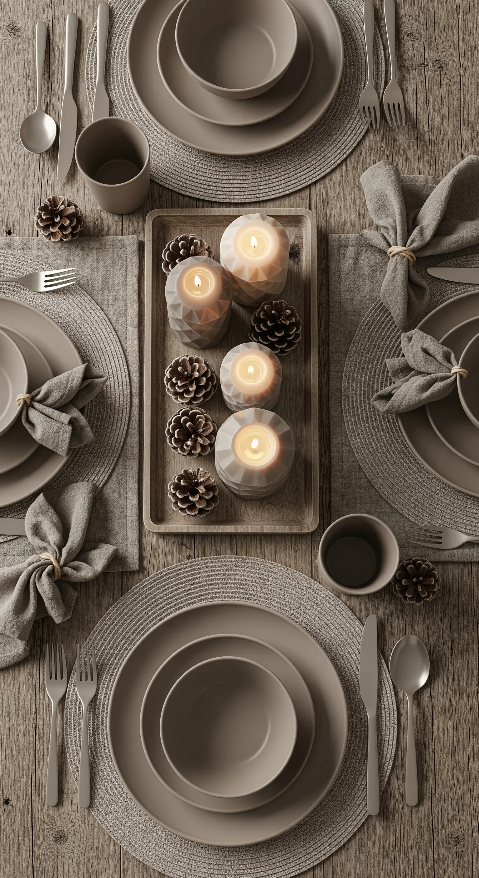 Tavola in stile nordico con stoviglie color taupe, pigne e portacandele geometrici.