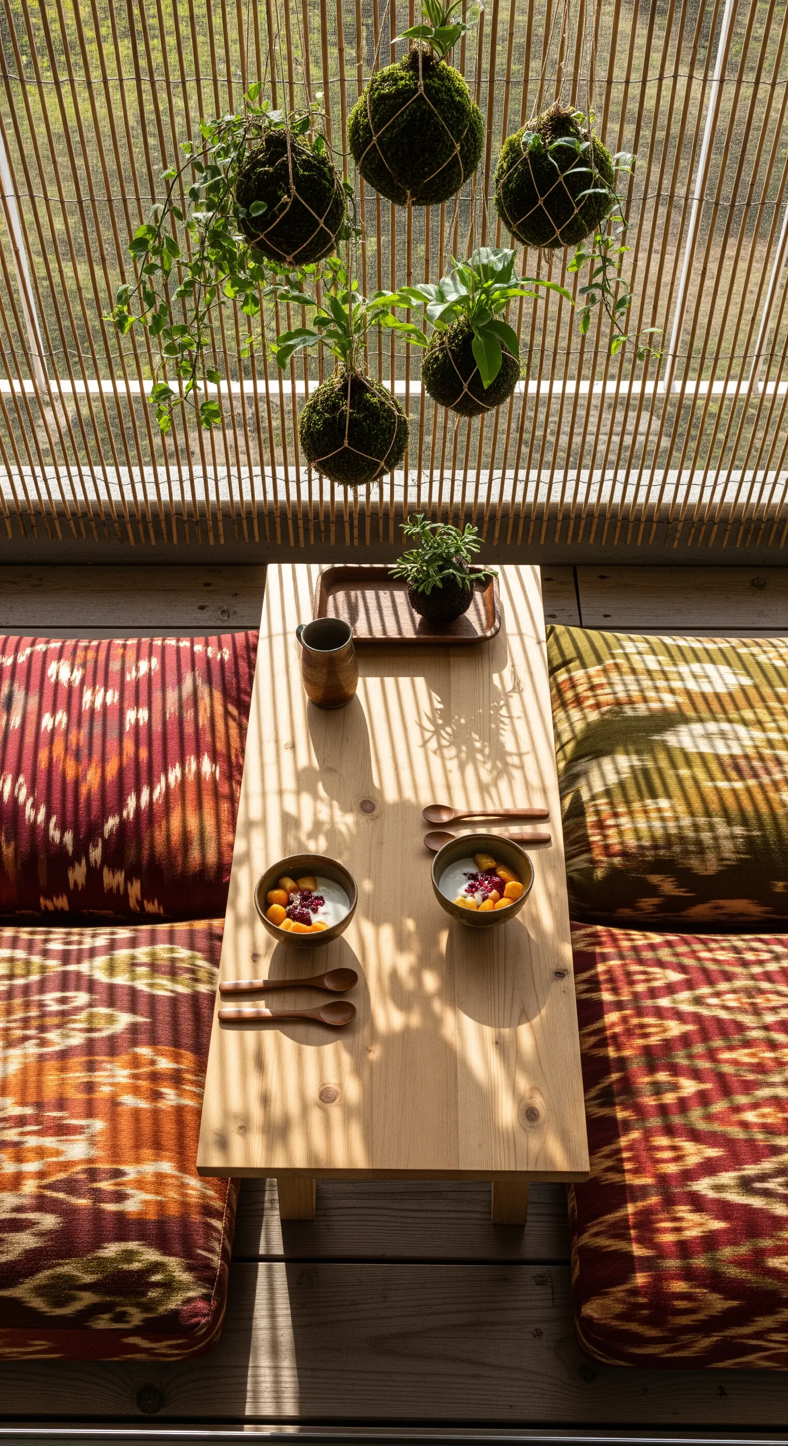 Angolo relax in stile giapponese con cuscini ikat a terra, tavolino basso e kokedama sospese.