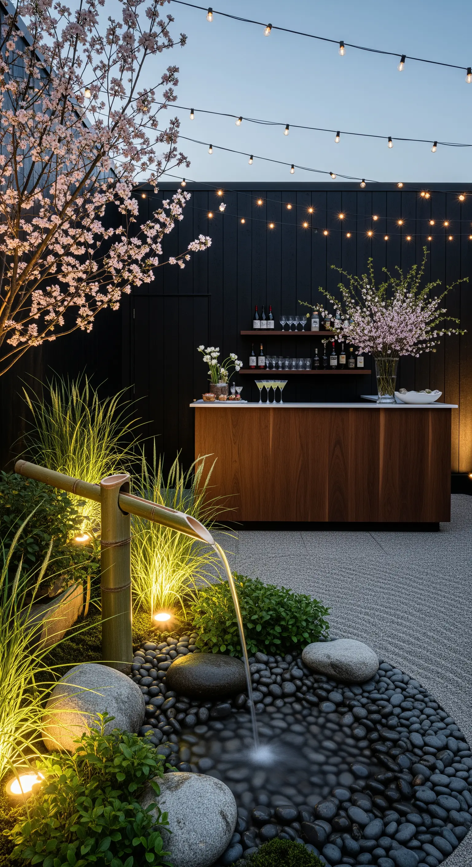Giardino zen con bar in legno, fontana in bambù, ciliegio in fiore e luci soffuse.