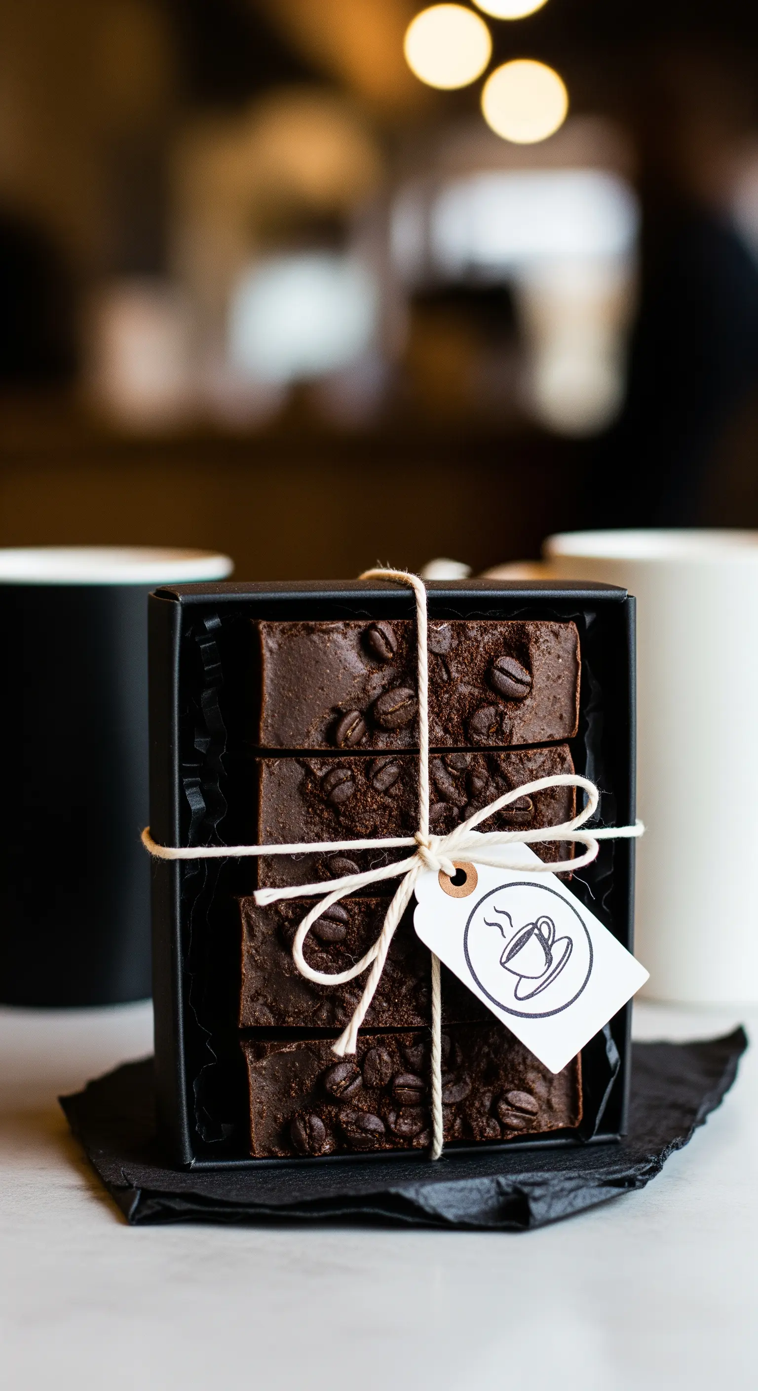 Saponi al caffè in una scatola nera, legati con spago e un'etichetta personalizzata.