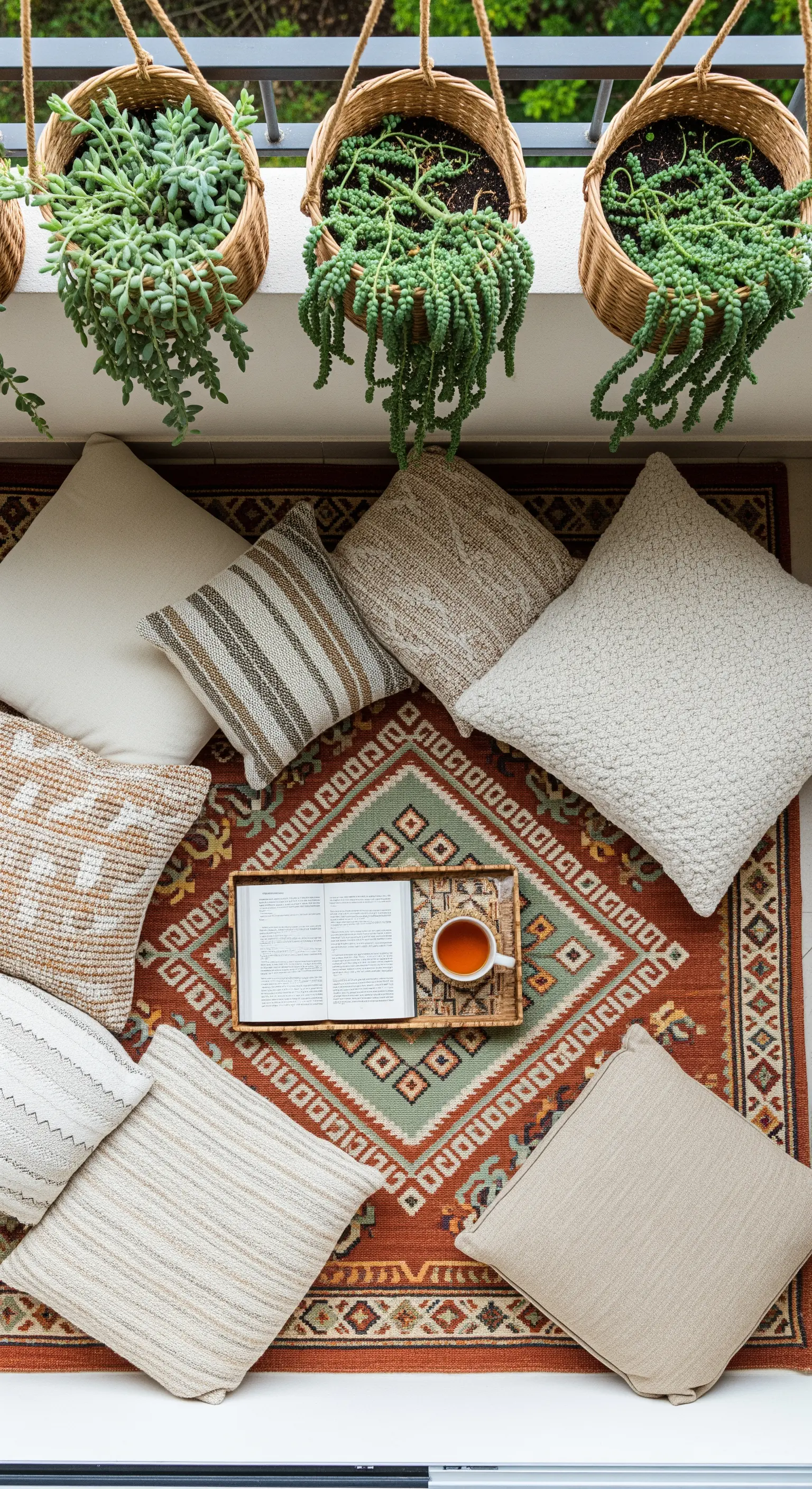 Angolo relax a terra con cuscini, tappeto kilim e piante grasse sospese in cesti.