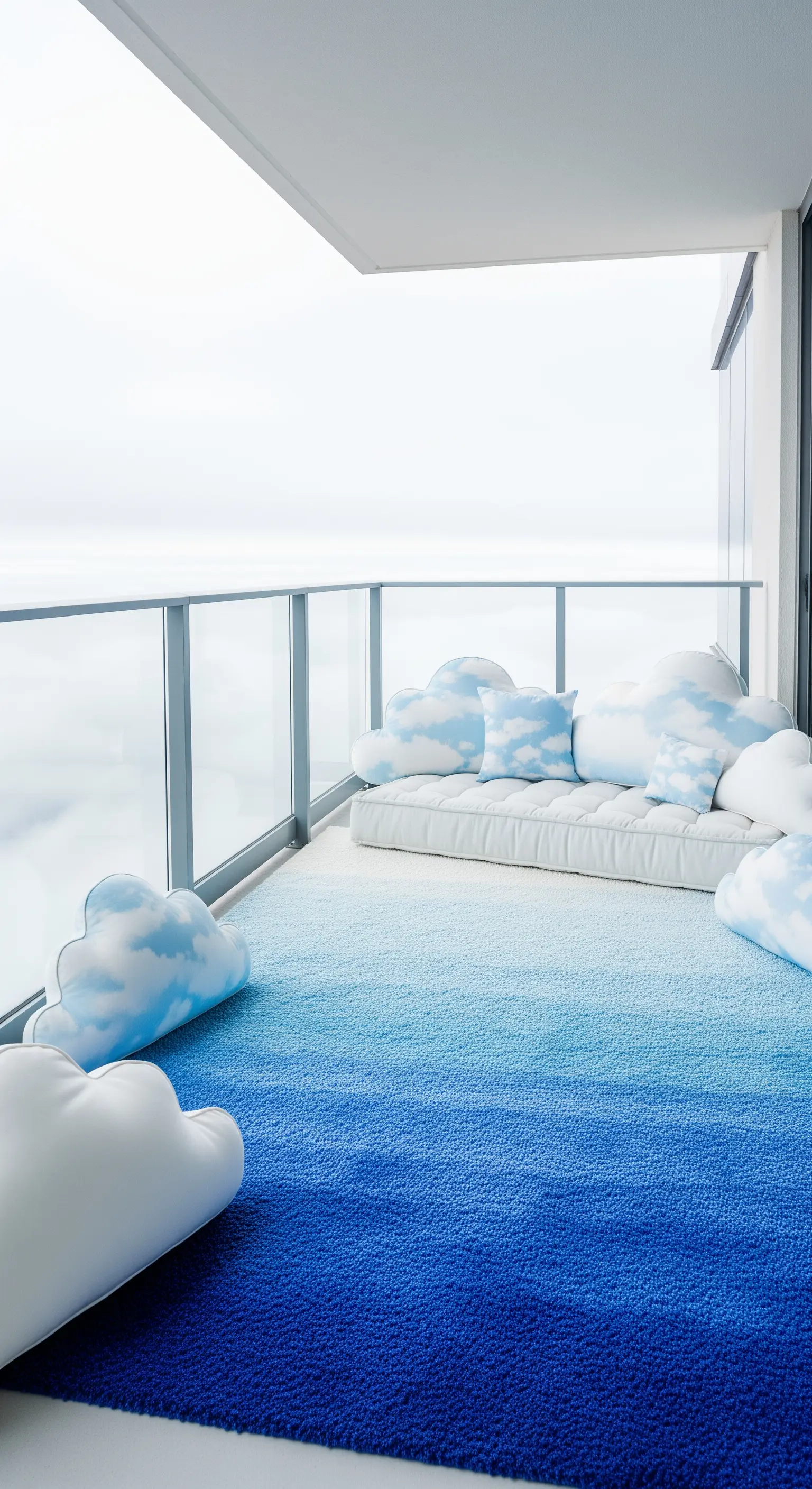 Balcone minimalista con un tappeto sfumato di blu e cuscini a forma di nuvola.